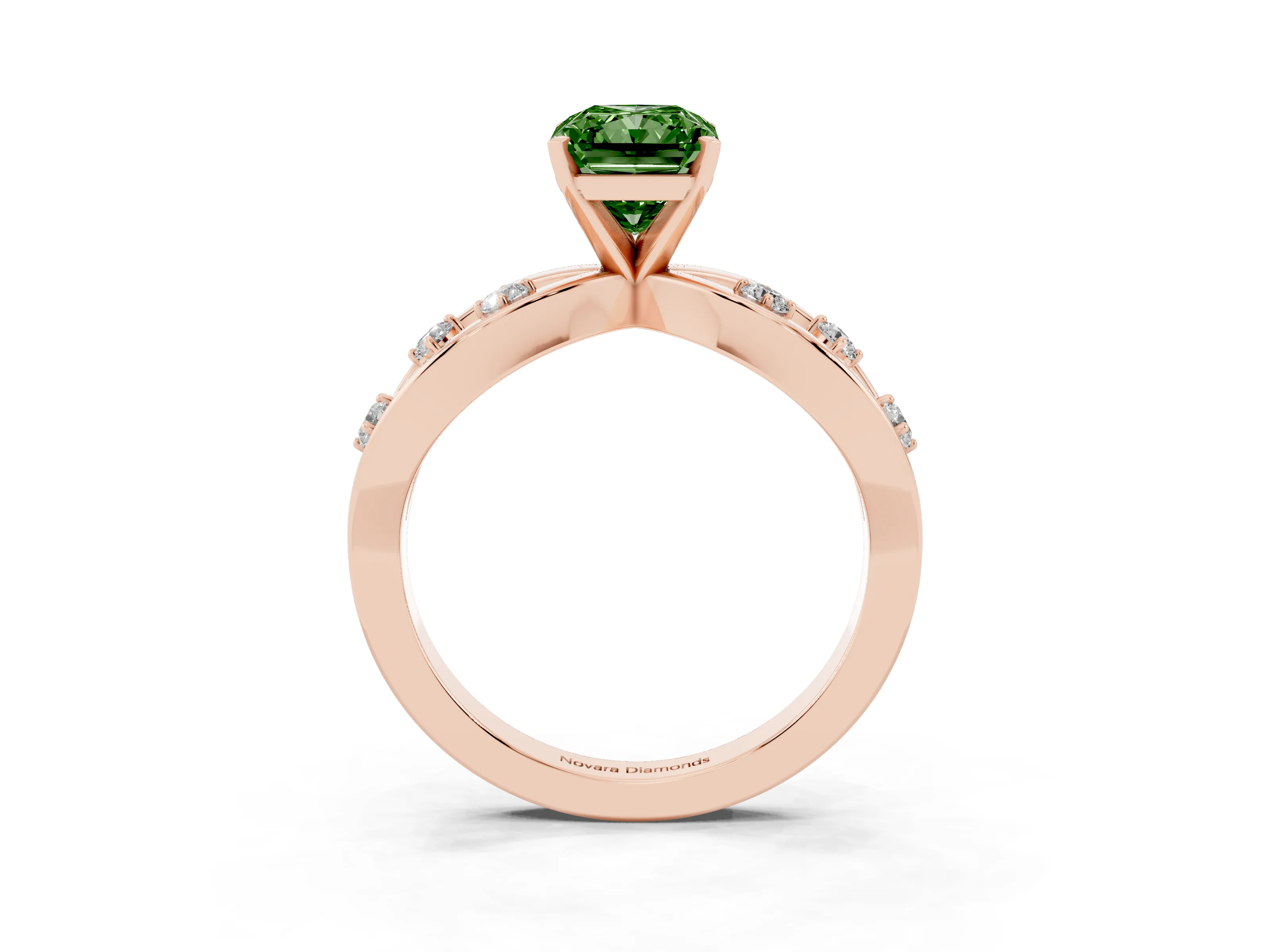 Fancy Green Radiant Cut Diamond Solitaire Ring Set in Rose gold with Side Stones on Criss-Cross Band and Prong Setting
