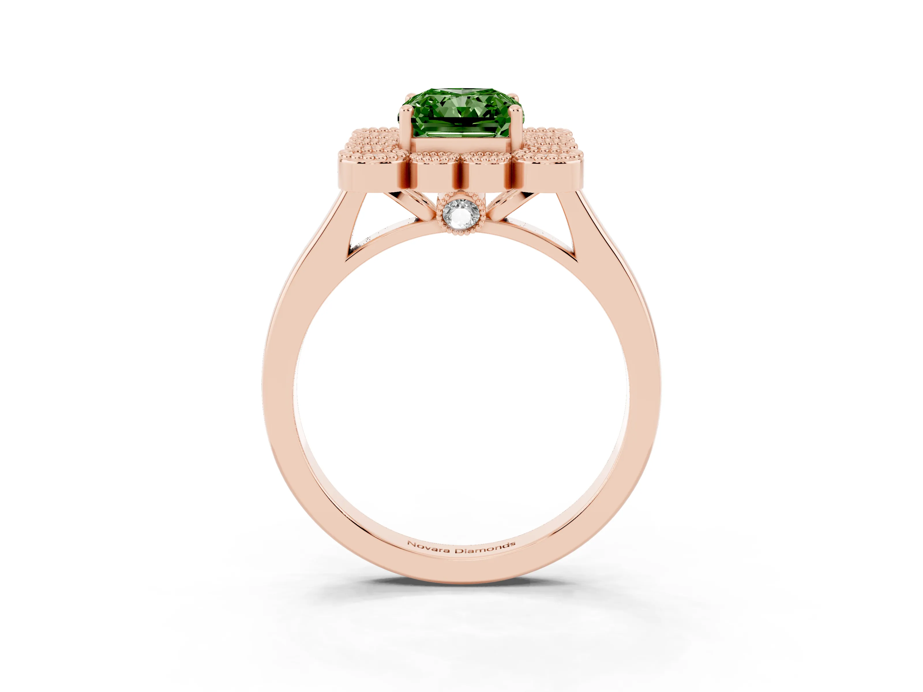Fancy Green Radiant Cut Diamond Cluster Halo Ring Set in Rose gold with Milgrain Bezel Accents and Plain Band