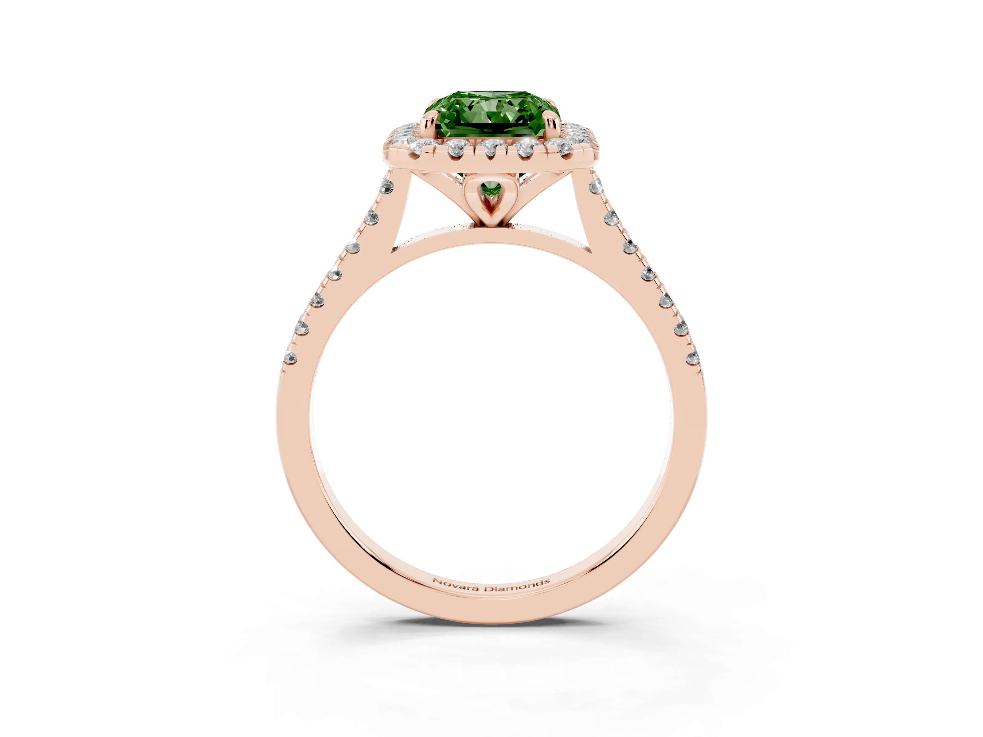 Fancy Green Radiant Cut Diamond Cushion Halo Ring Set in Rose gold with Pavé Band