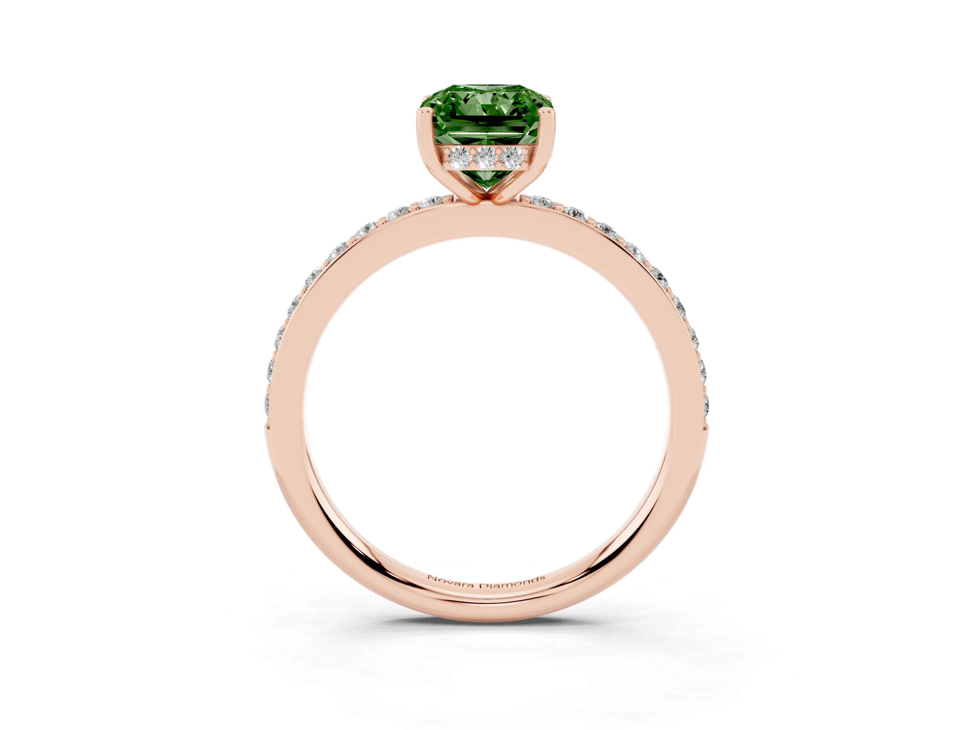 Fancy Green Radiant Cut Diamond Pavé Band Ring Set in Rose gold with Prong-Set Center Stone
