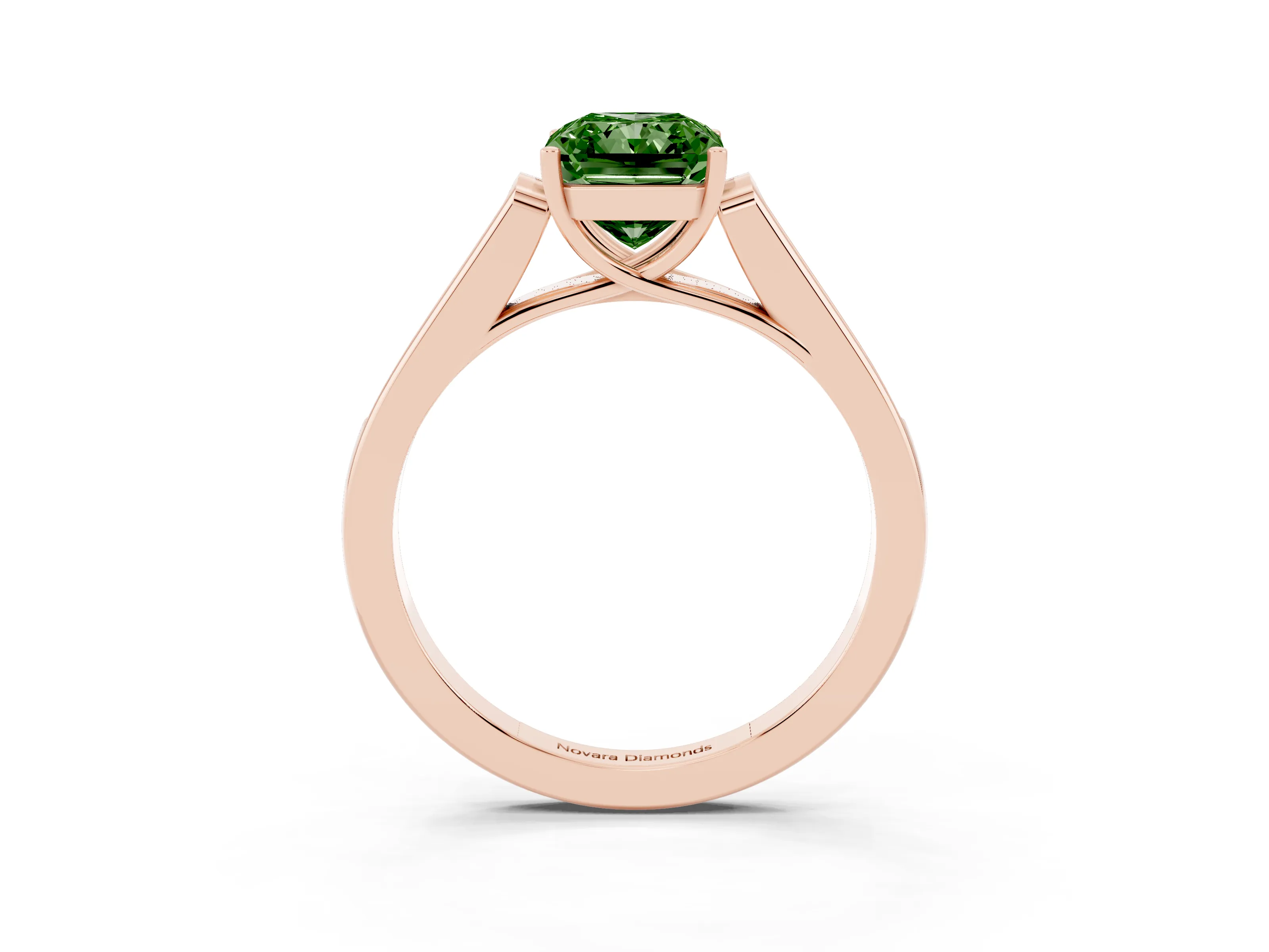 Fancy Green Radiant Cut Diamond Solitaire Cathedral Engagement Ring Set in Rose gold with Channel-Set Band and Prong Setting
