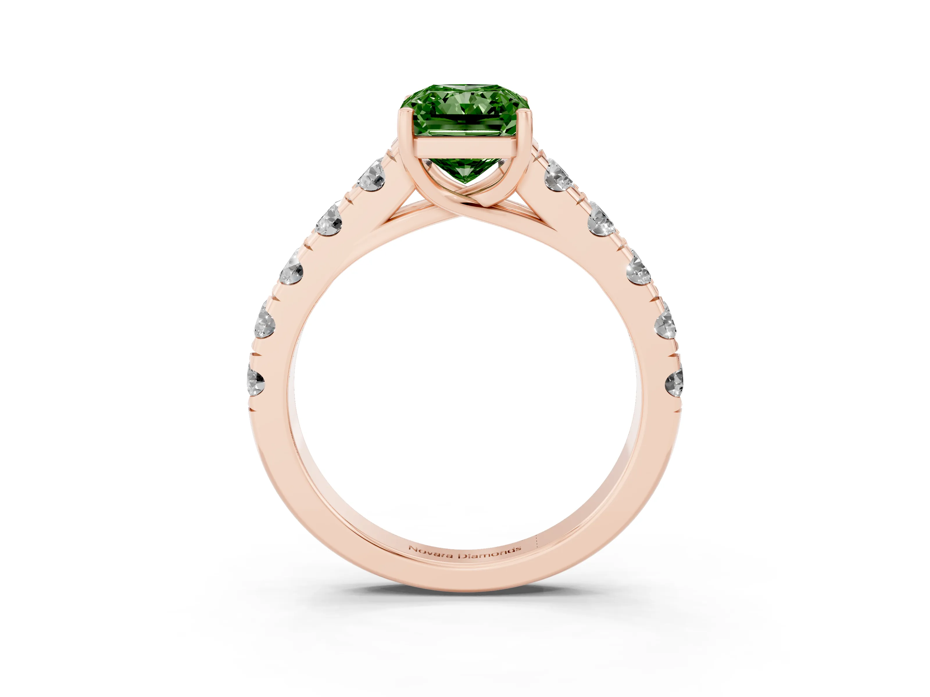 Fancy Green Radiant Cut Diamond Solitaire Ring Set in Rose gold with Cut-Down Micro Pavé Band and Prong Setting