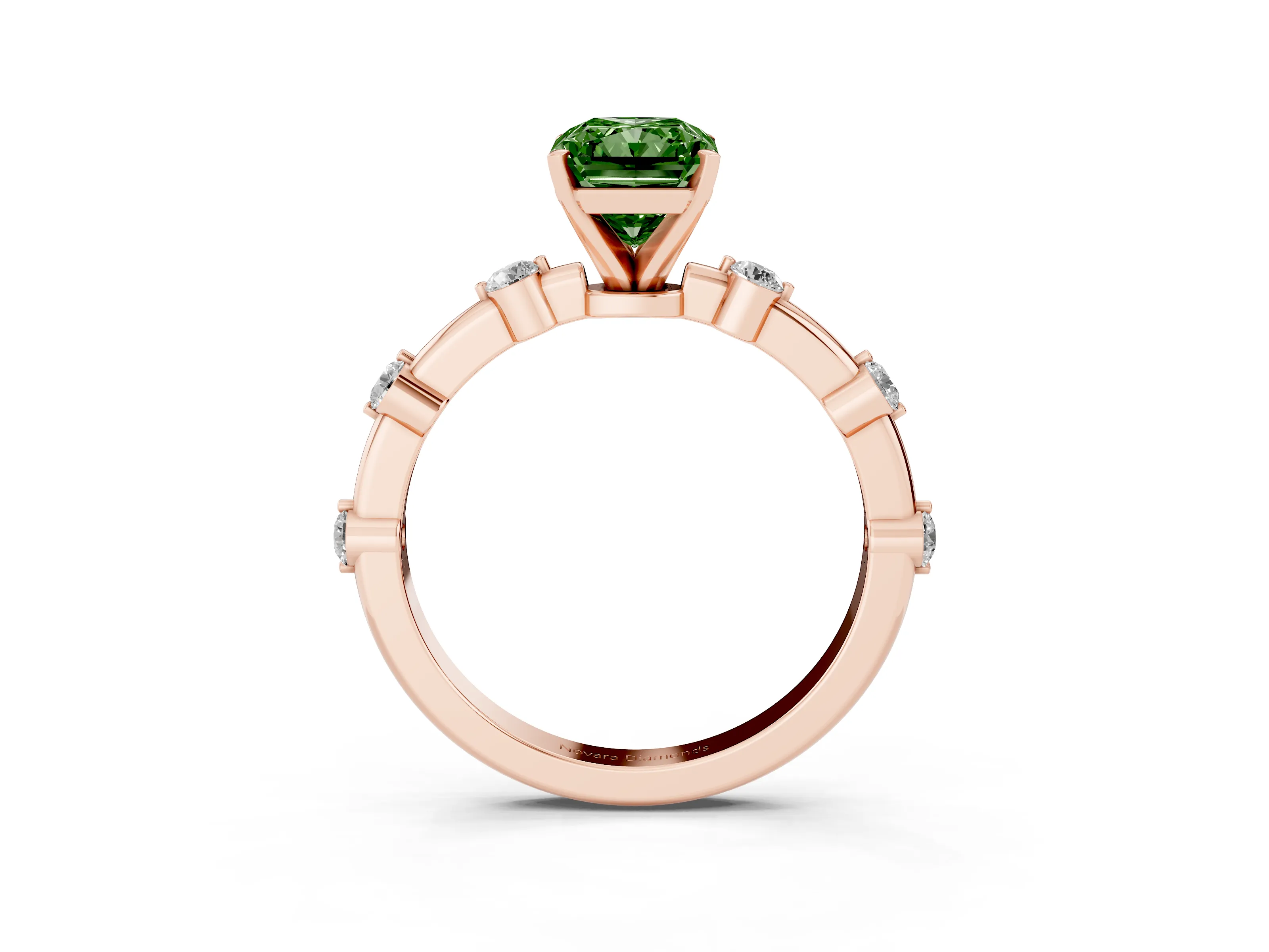 Fancy Green Radiant Cut Diamond Solitaire Ring Set in Rose gold with Bezel Set Side Stones and Prong Setting