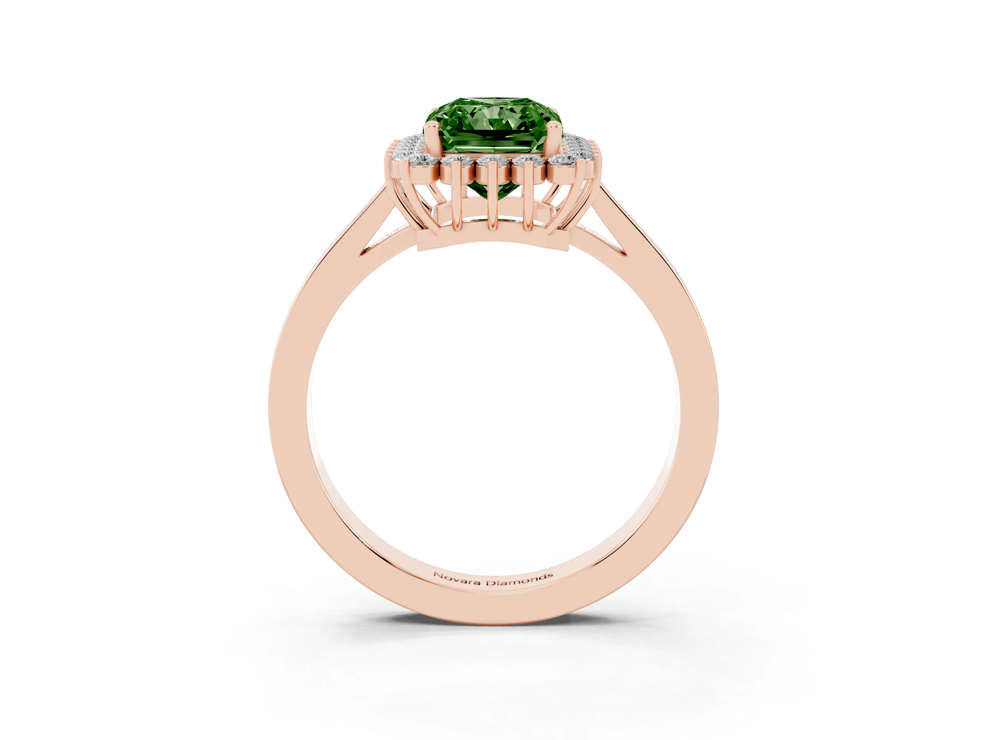 Fancy Green Radiant Cut Diamond Halo Ring Set in Rose gold with Round Halo and Smooth Solitaire Band