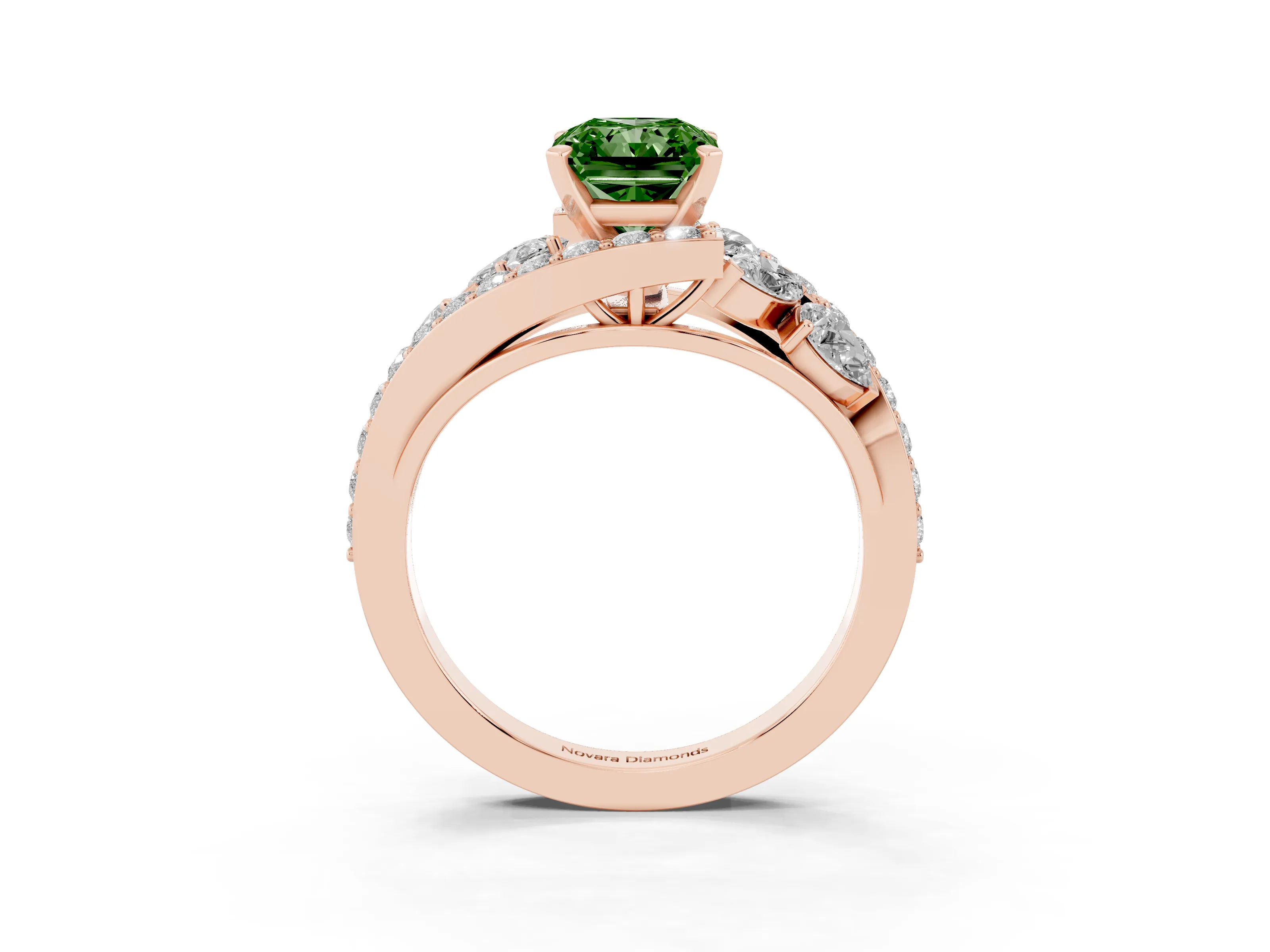 Fancy Green Radiant Cut Diamond Halo Ring Set in Rose gold with Marquise and Pavé Band in Prong Setting