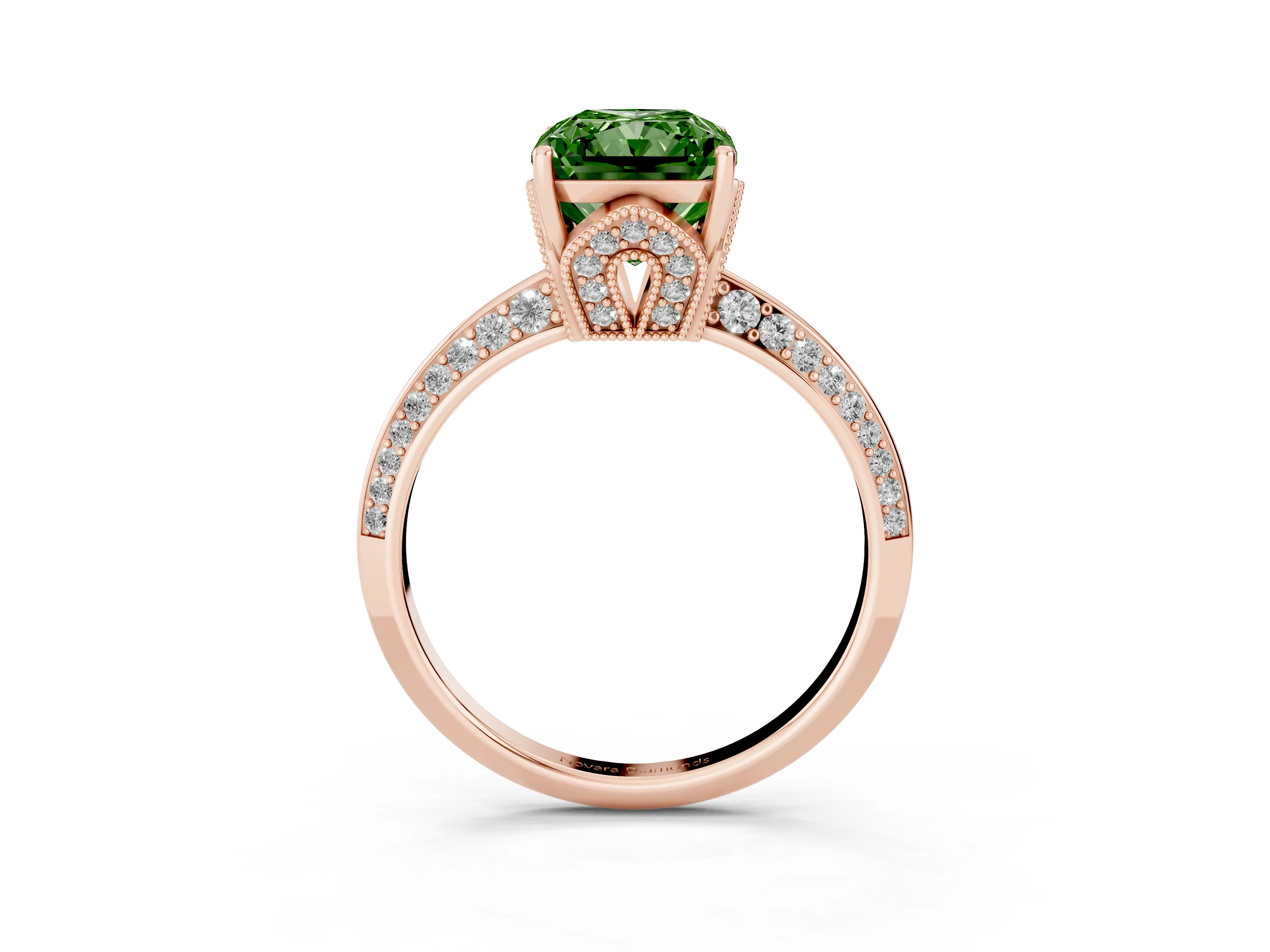 Fancy Green Radiant Cut Diamond Solitaire Engagement Ring Set in Rose gold with Pavé Split Shank and Prong Setting