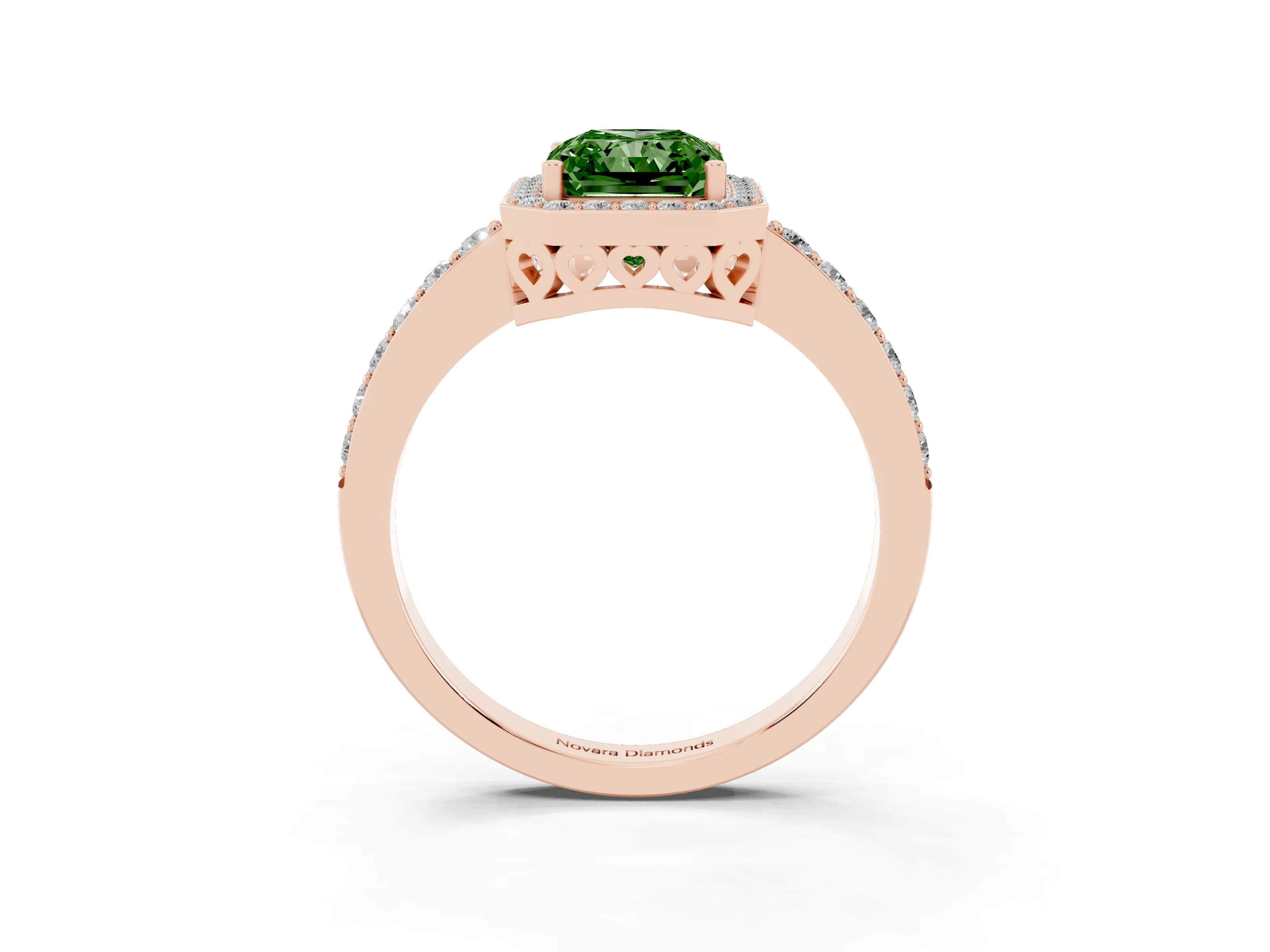 Fancy Green Radiant Cut Diamond Halo Ring Set in Rose gold with Pavé-Setting Band and Open Prong Center