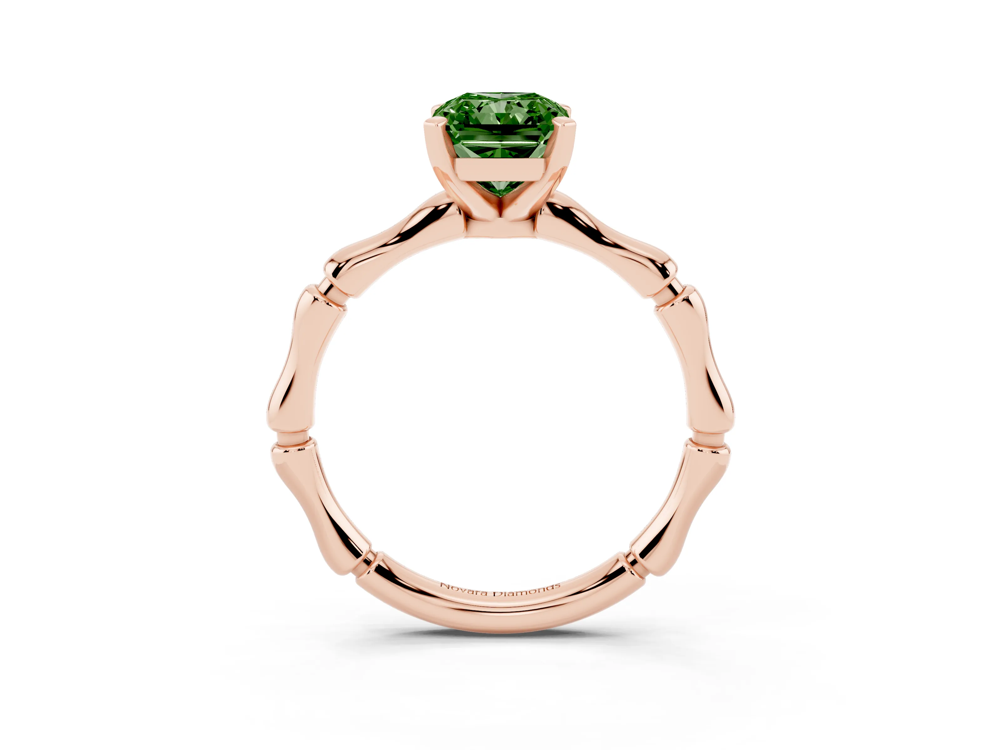 Fancy Green Radiant Cut Diamond Solitaire Ring Set in Rose gold with Bamboo Band and Prong Setting