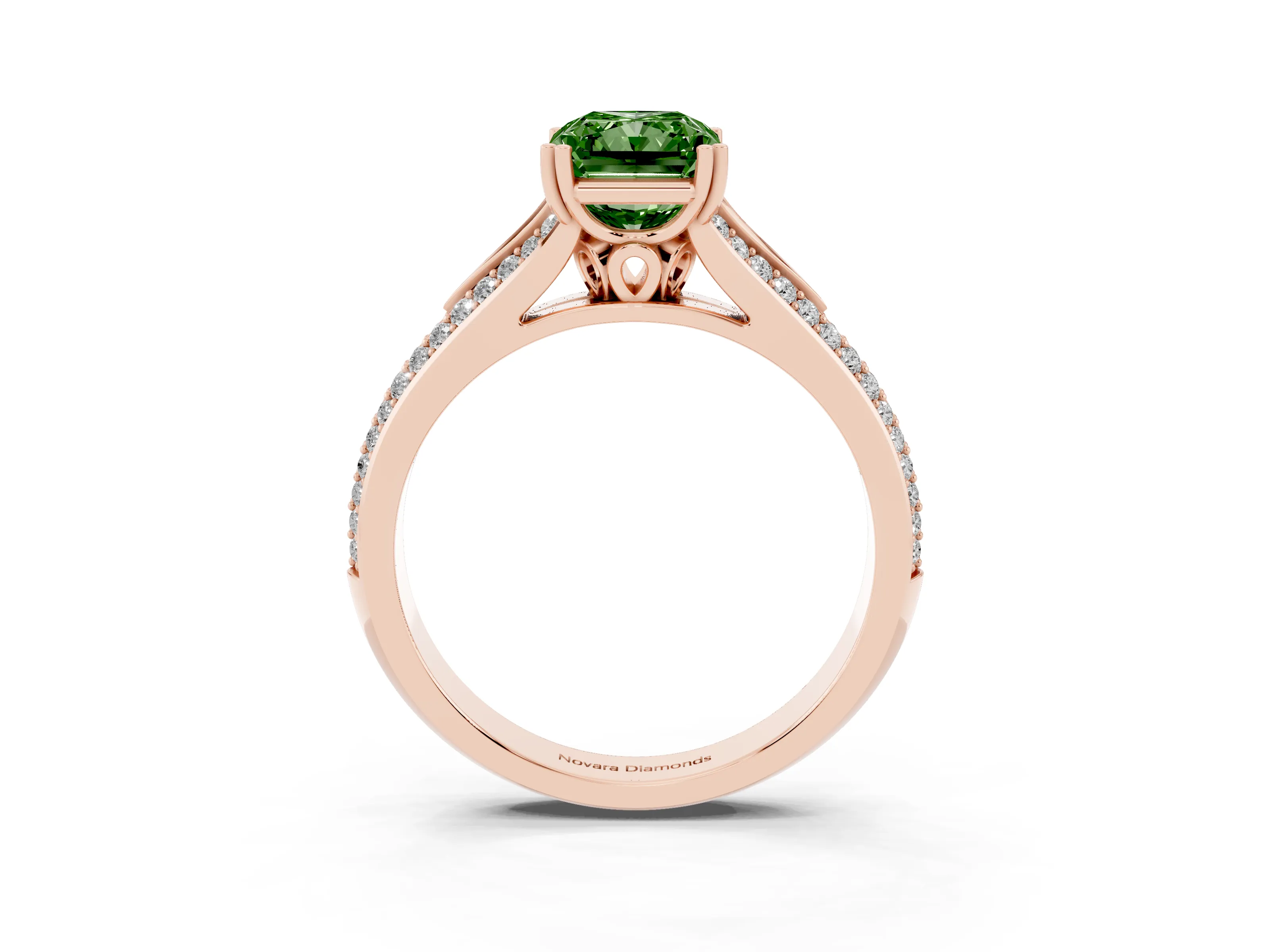 Fancy Green Radiant Cut Diamond Split Shank Pavé Engagement Ring Set in Rose gold with Prong-Set Center Stone
