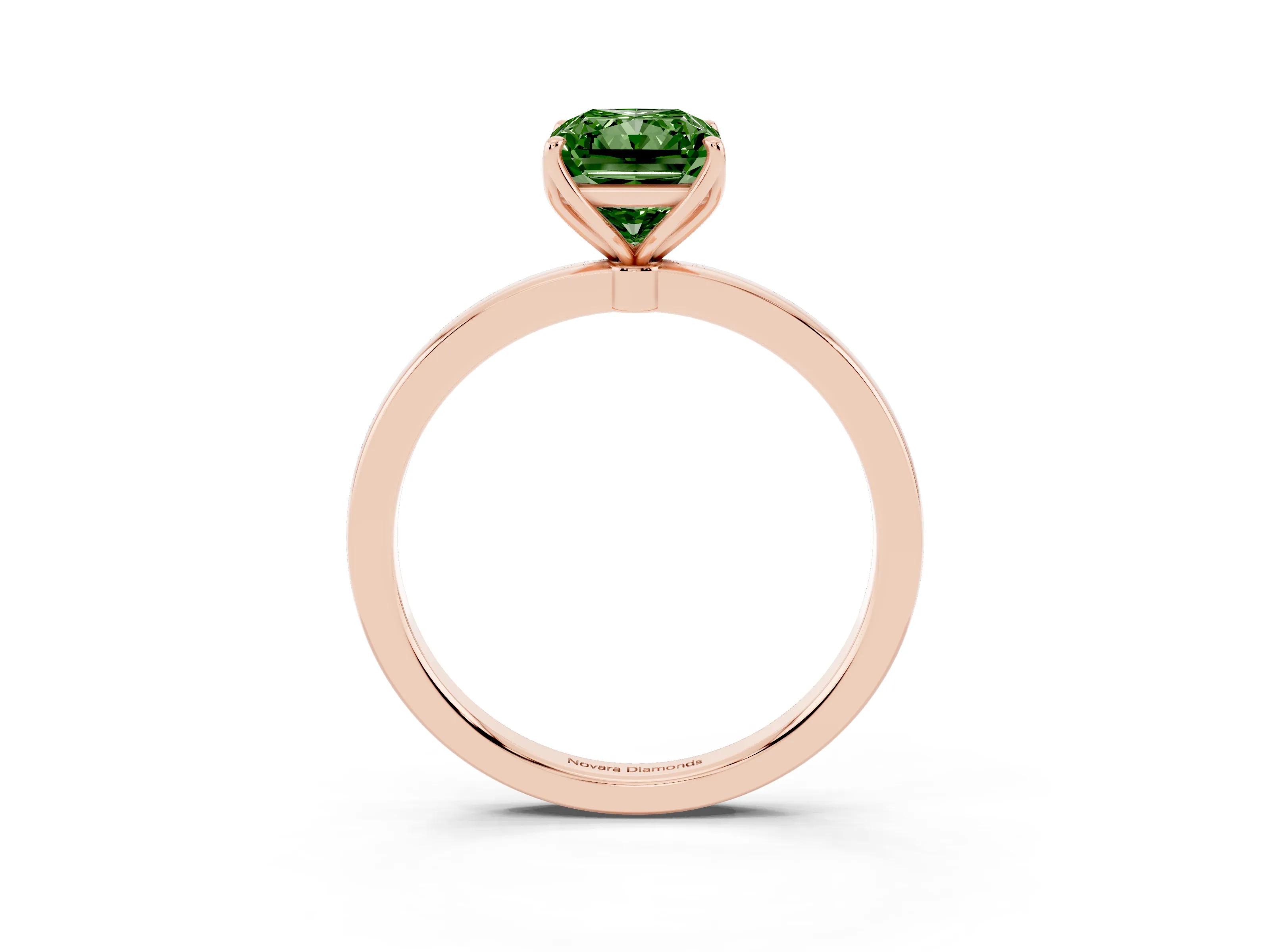 Fancy Green Radiant Cut Diamond Solitaire Ring Set in Rose gold with Prong Setting and Thin Polished Band