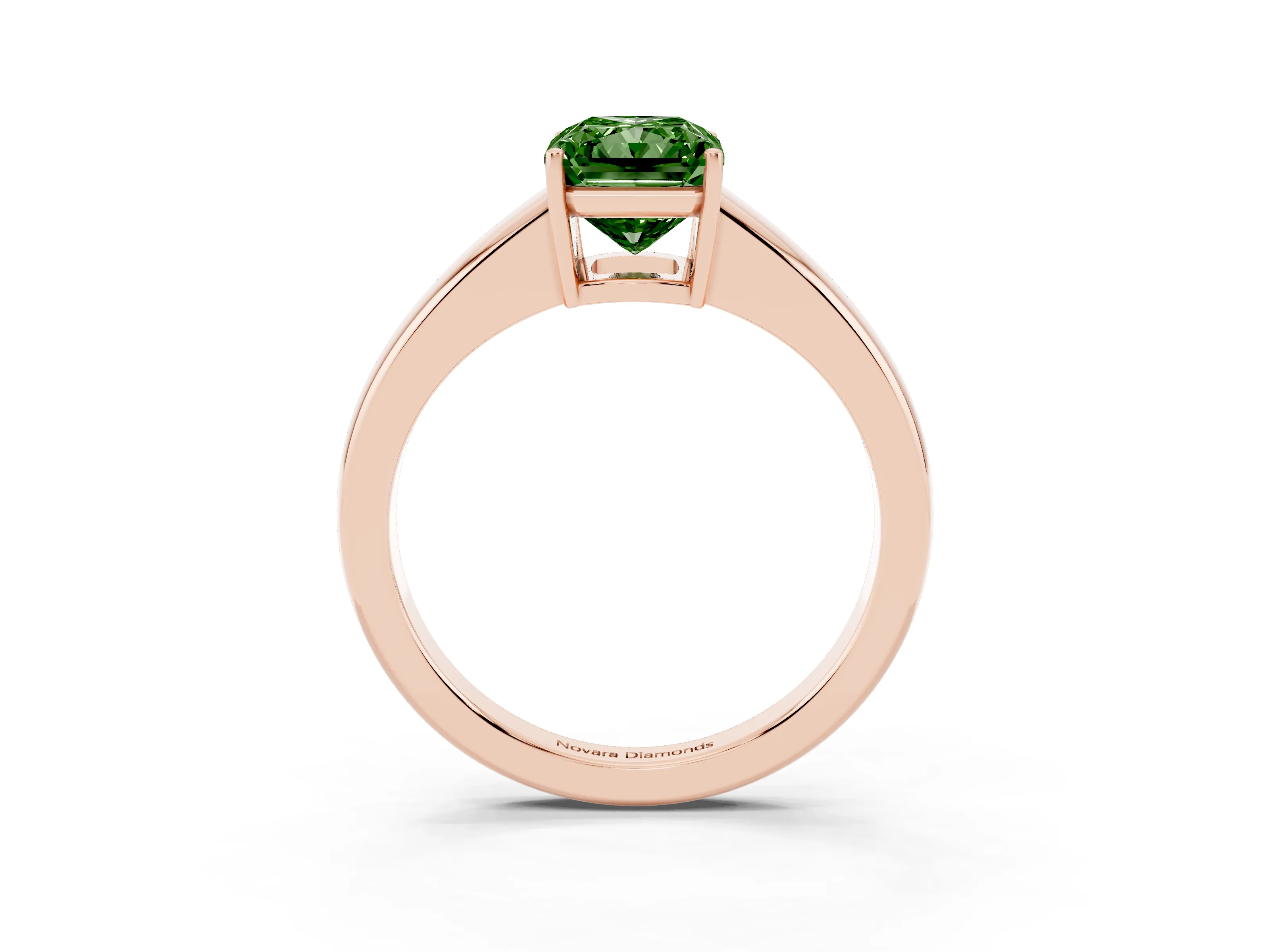 Fancy Green Radiant Cut Diamond Solitaire Ring Set in Rose gold with Tapered Band and Prong Setting