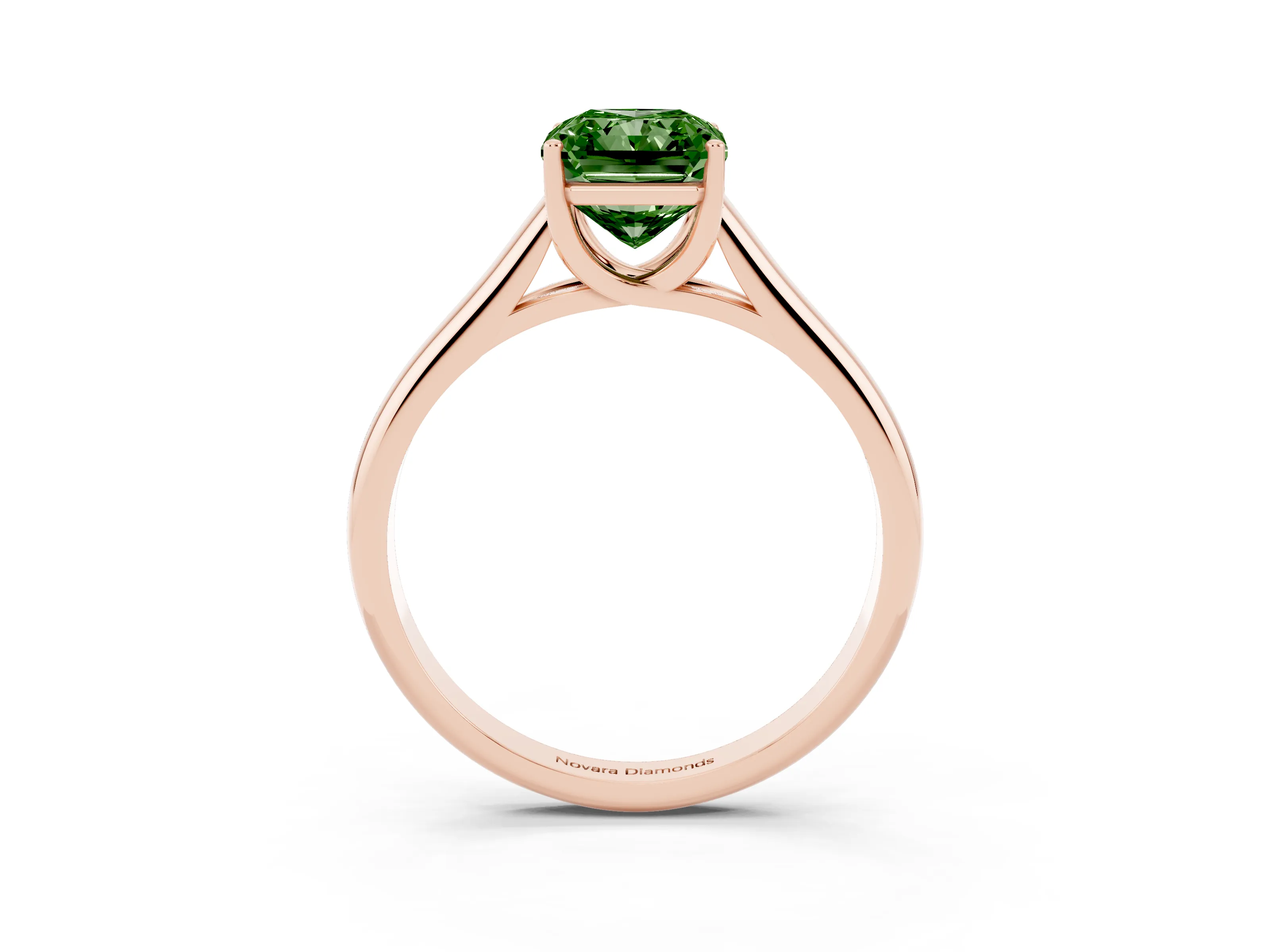 Fancy Green Radiant Cut Diamond Solitaire Engagement Ring Set in Rose gold with Subtly Tapered Band and Prong Setting
