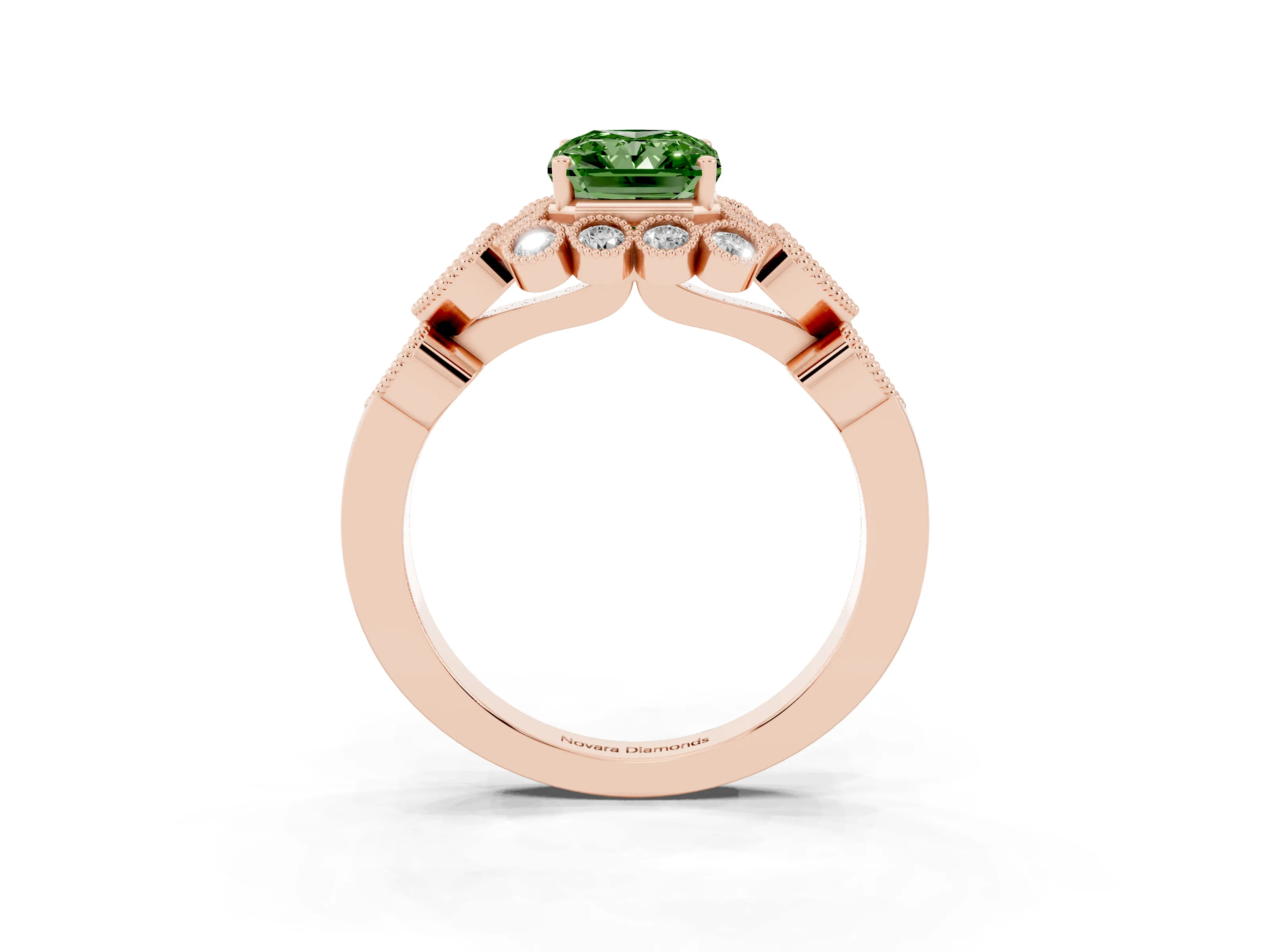 Fancy Green Radiant Cut Diamond Solitaire Ring Set in Rose gold with Milgrain Pavé Heart Band