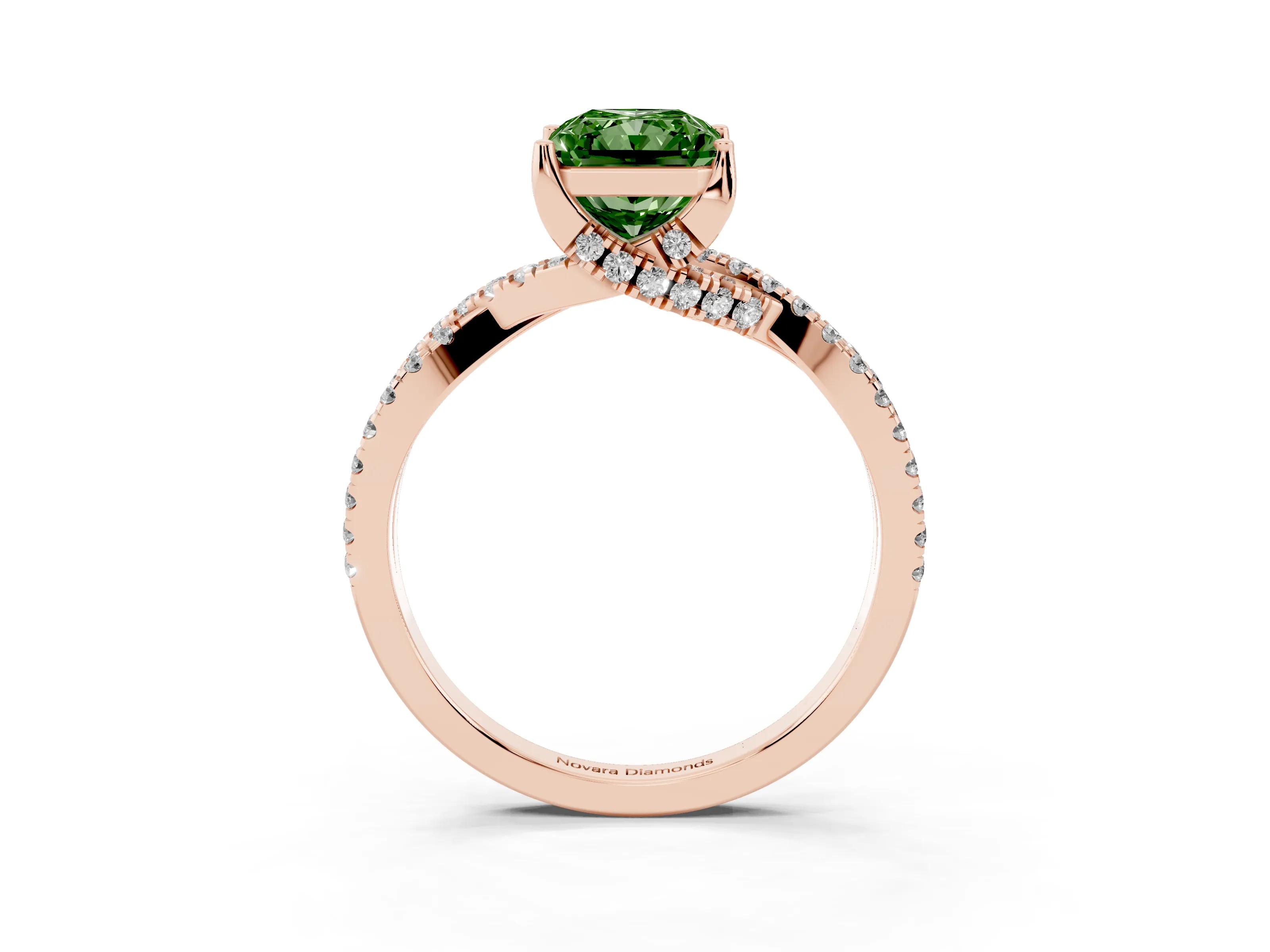 Fancy Green Radiant Cut Diamond Twist Pavé Solitaire Engagement Ring Set in Rose gold with Prong Setting
