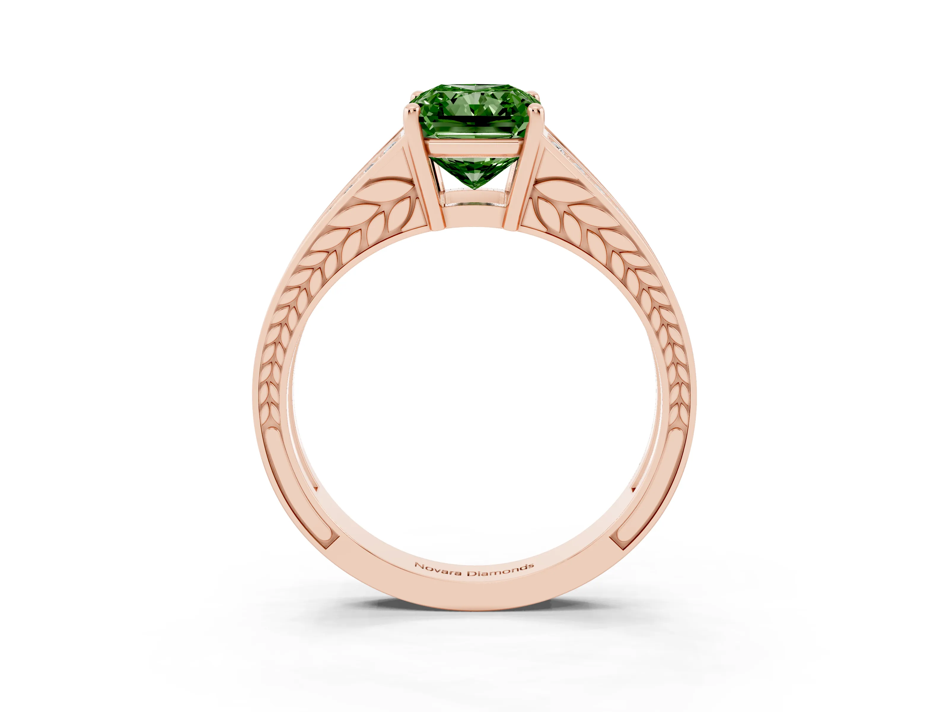 Fancy Green Radiant Cut Diamond Split Shank Ring Set in Rose gold with Pavé Band and Prong Setting