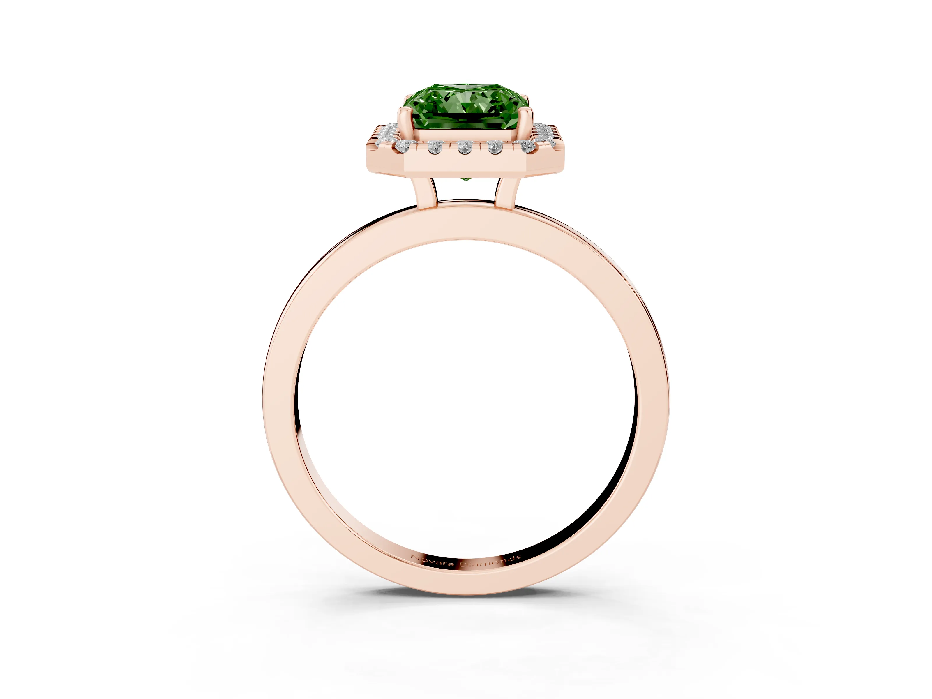 Fancy Green Radiant Cut Diamond Halo Solitaire Ring Set in Rose gold with Pavé Band and Prong Setting