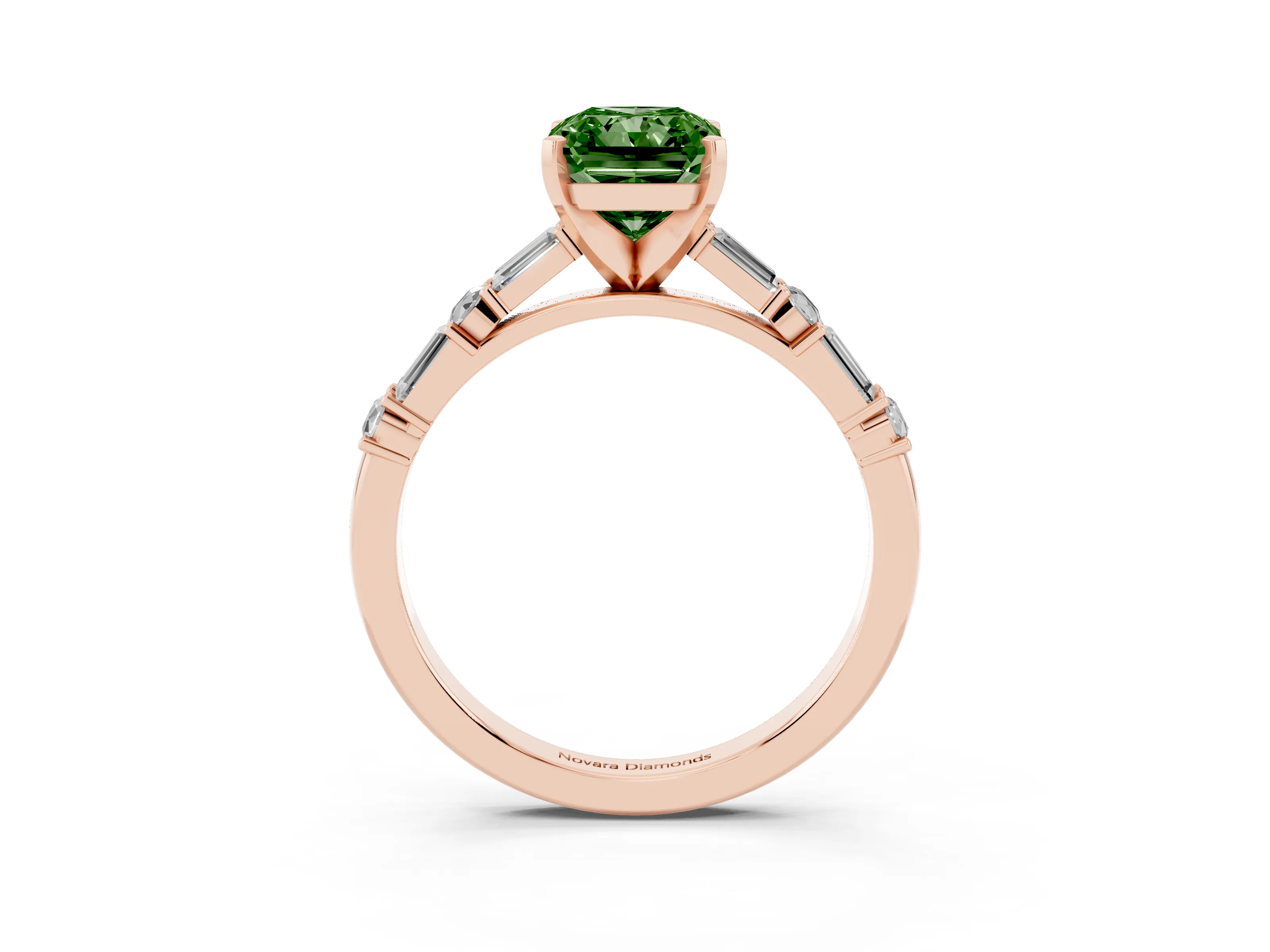 Fancy Green Radiant Cut Diamond Solitaire Set in Rose gold with Side Baguettes and Channel Set Band
