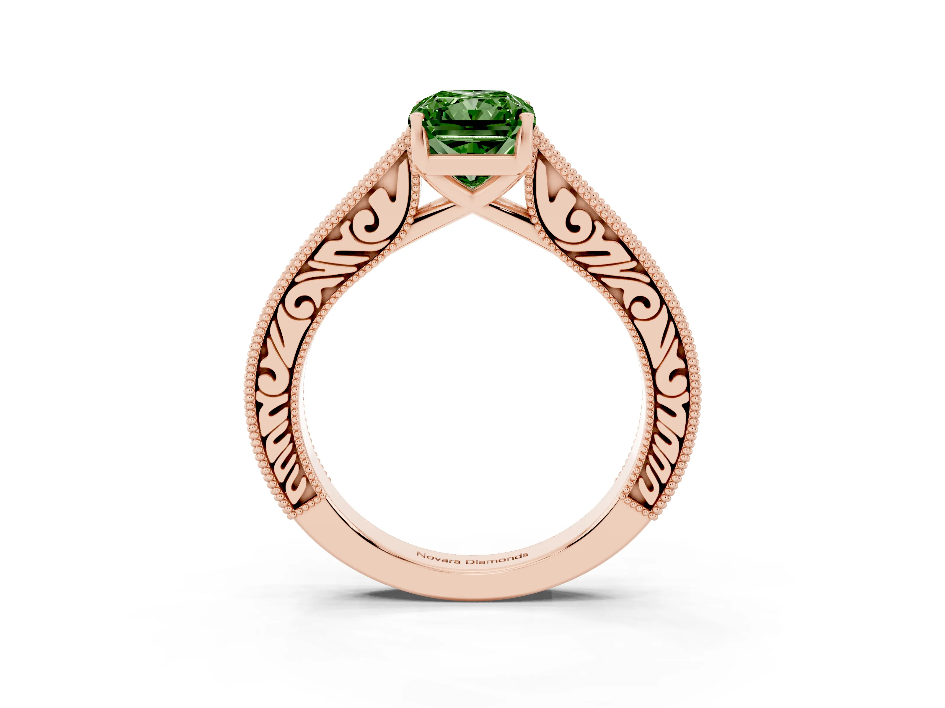 Fancy Green Radiant Cut Diamond Milgrain Pavé Band Solitaire Ring Set in Rose gold with Prong Setting