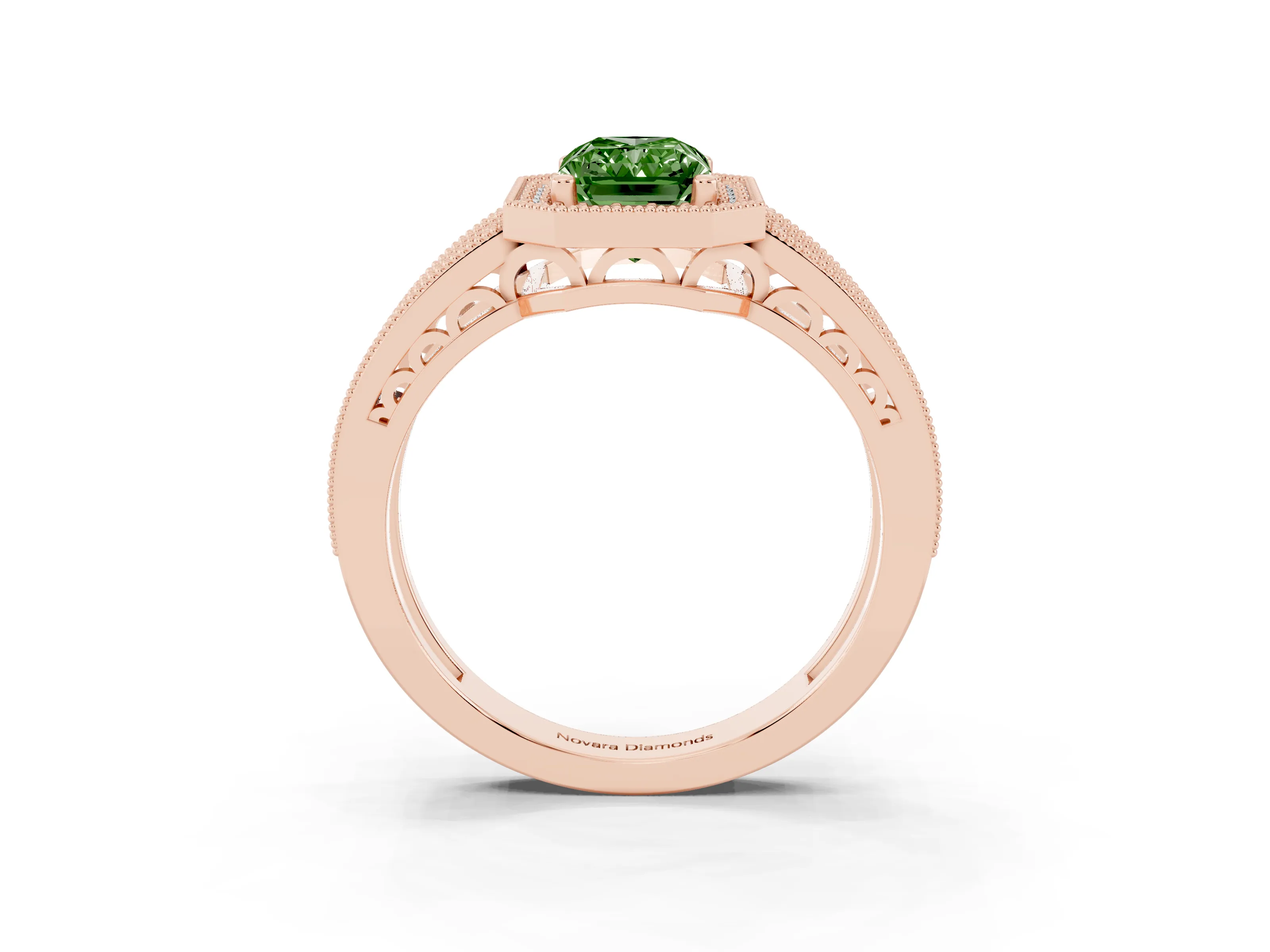 Fancy Green Radiant Cut Diamond Halo Ring Set in Rose gold with Accent Split Shank and Prong Setting