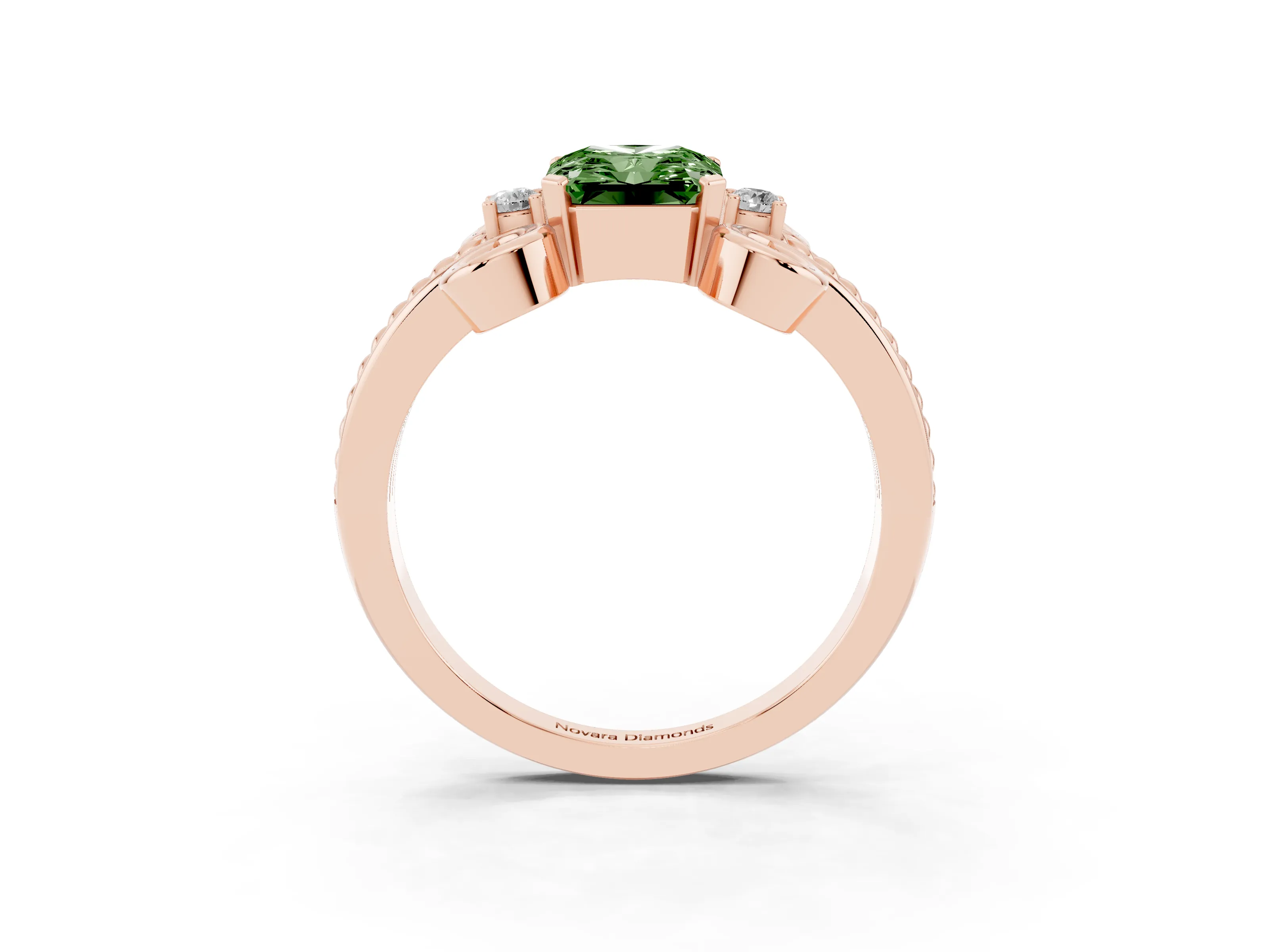 Fancy Green Radiant Cut Diamond Twisted Band Solitaire Ring Set in Rose gold with Scroll Prongs