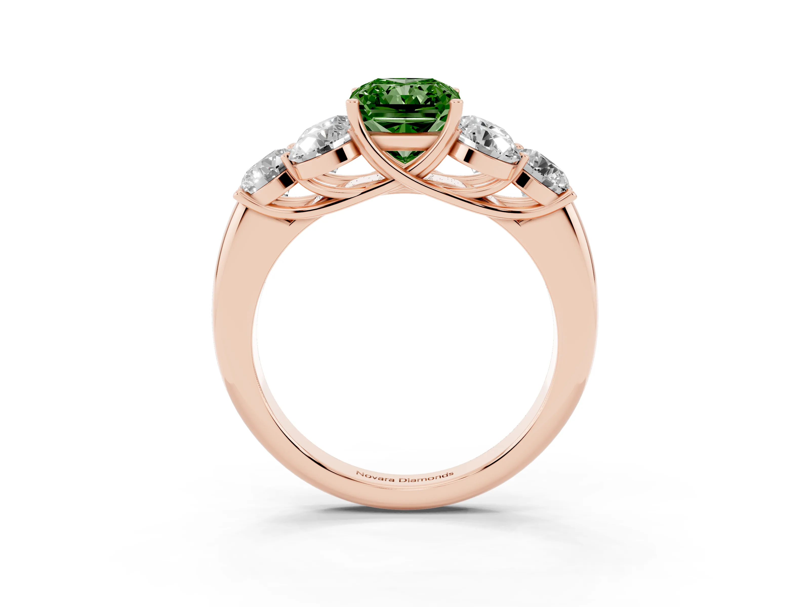 Fancy Green Radiant Cut Diamond Cluster Ring Set in Rose gold with Round Accent Stones and Prong Setting on a Plain Band