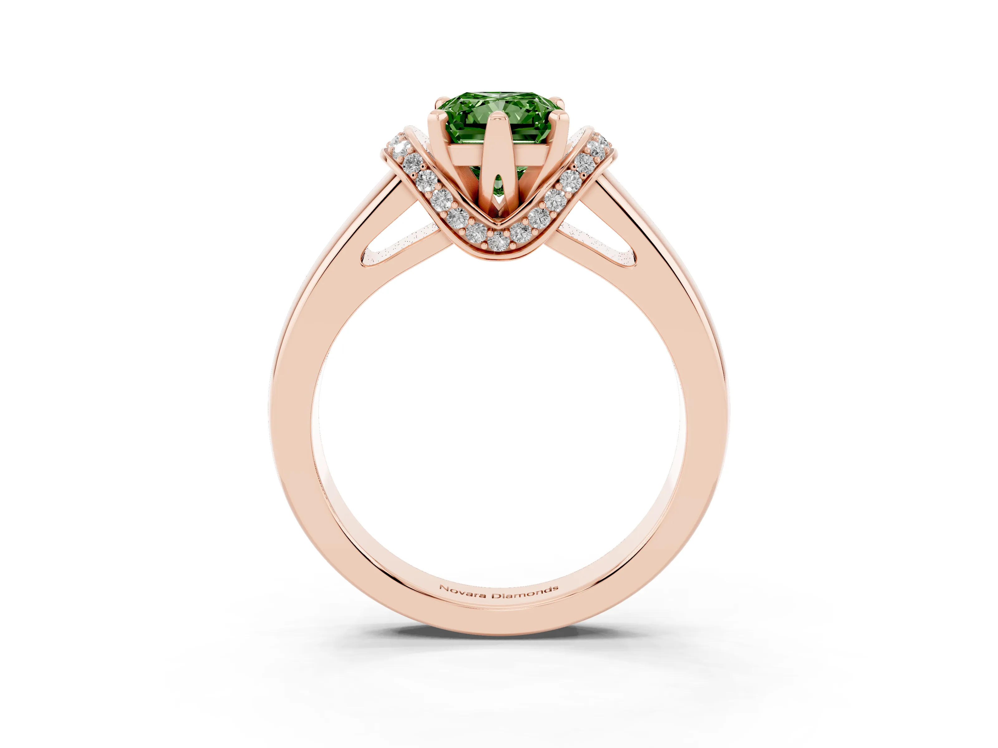 Fancy Green Radiant Cut Diamond Pavé Band Solitaire Ring Set in Rose gold with Prong Setting
