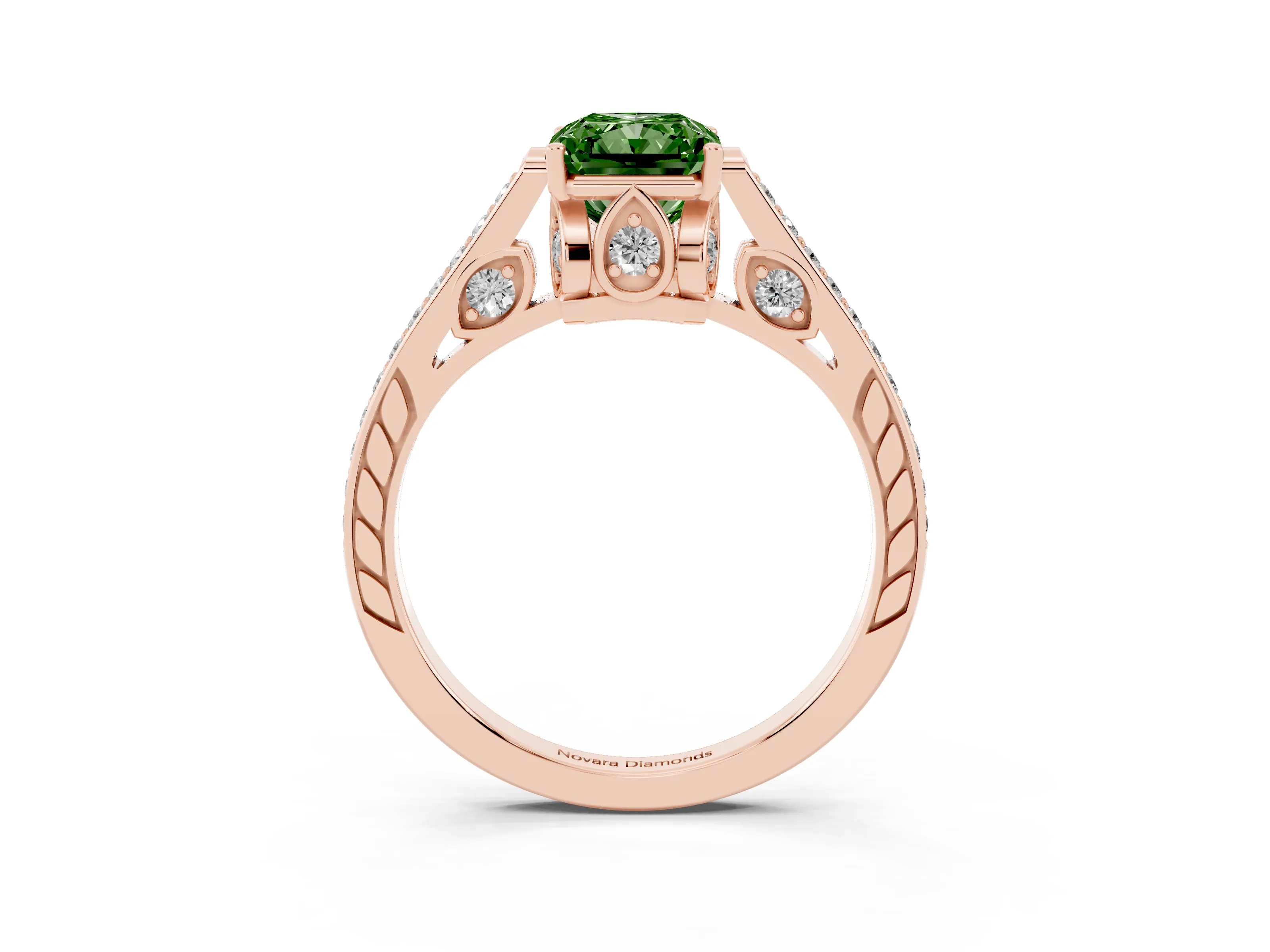 Fancy Green Radiant Cut Diamond Cathedral Pavé Engagement Ring Set in Rose gold with Prong Setting