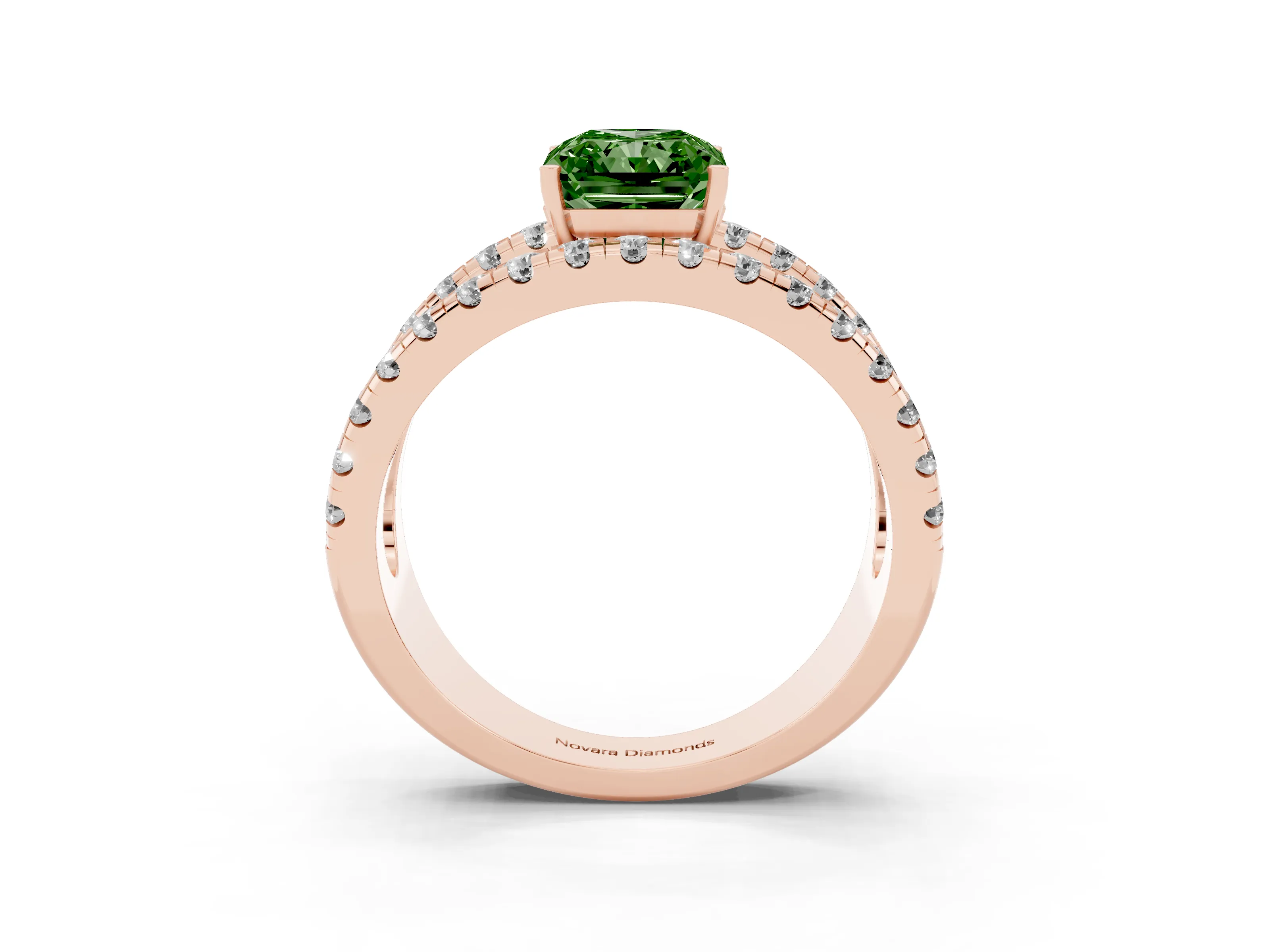 Fancy Green Radiant Cut Diamond Split Shank Pavé Solitaire Ring Set in Rose gold with Open Shank Design