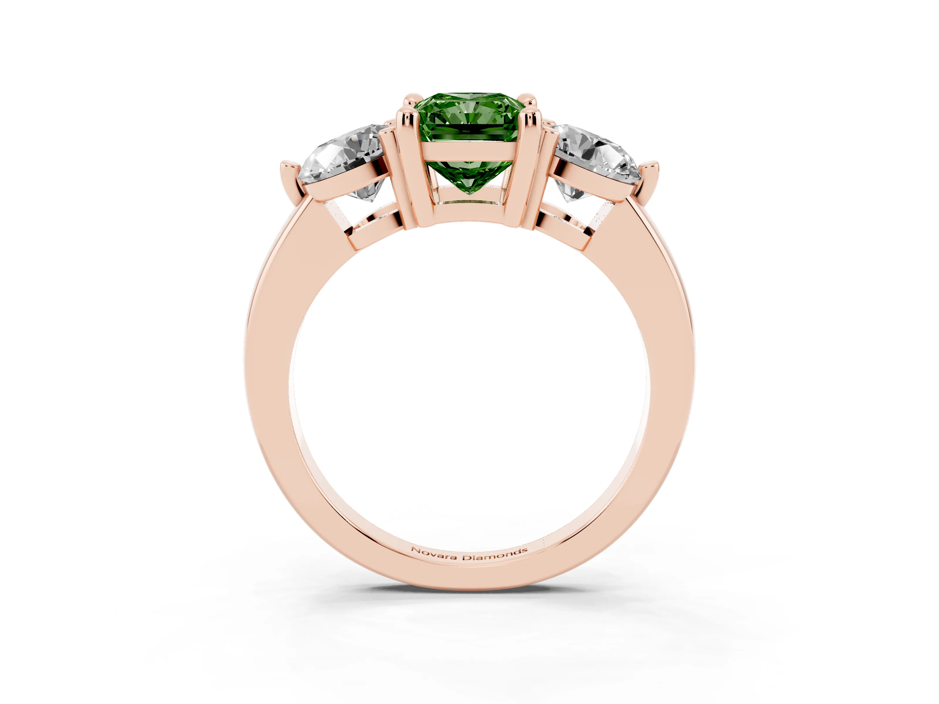 Fancy Green Radiant Cut Diamond Three-Stone Ring Set in Rose gold with Prong Setting and Classic Band
