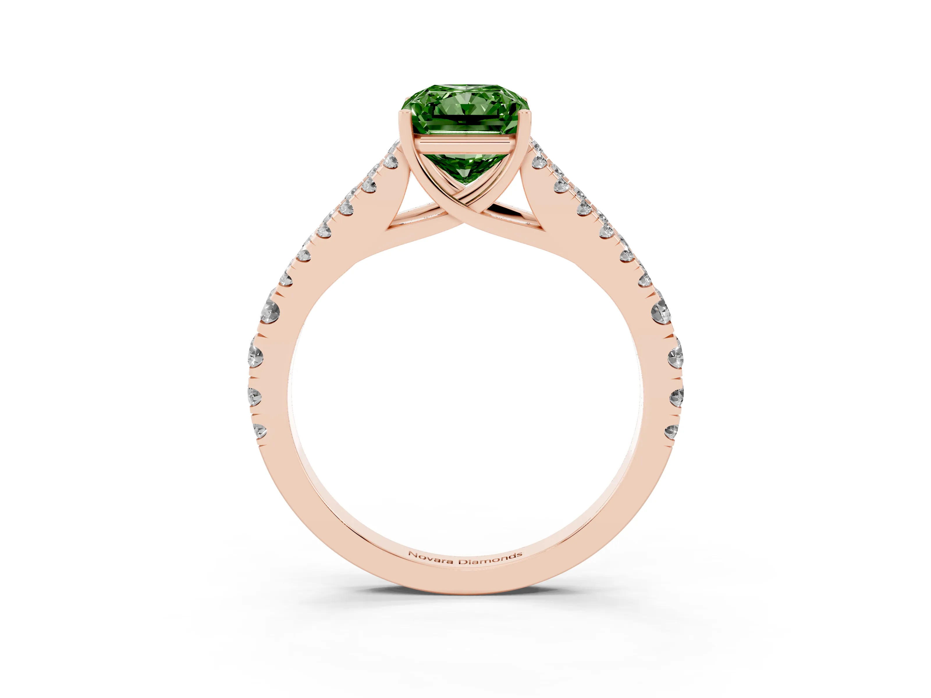 Fancy Green Radiant Cut Diamond Split Shank Pavé Engagement Ring Set in Rose gold with Prong-Held Center Stone
