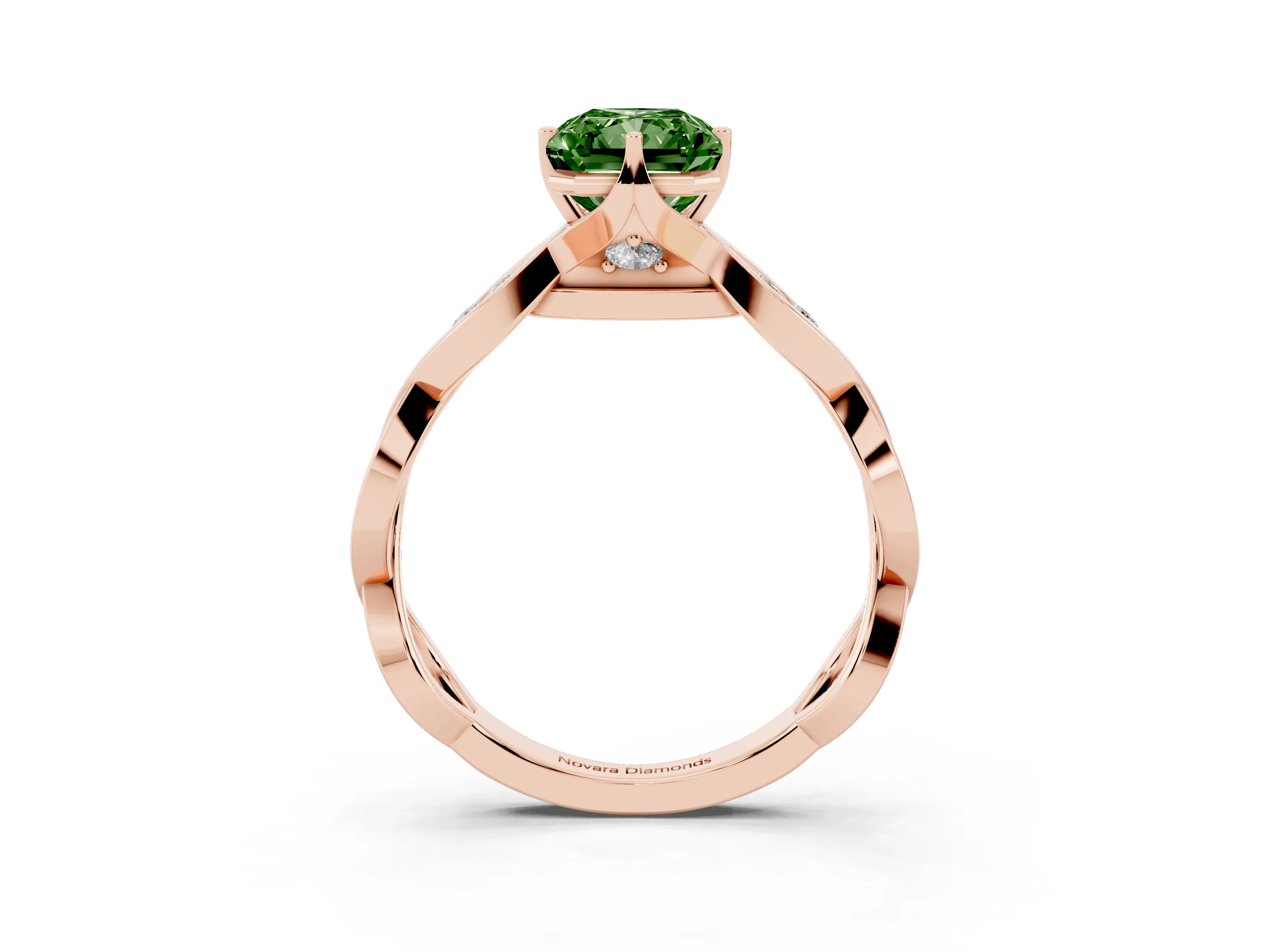 Fancy Green Radiant Cut Diamond Twist Band Solitaire Ring Set in Rose gold with Leaf Prong Setting and Accent Stones