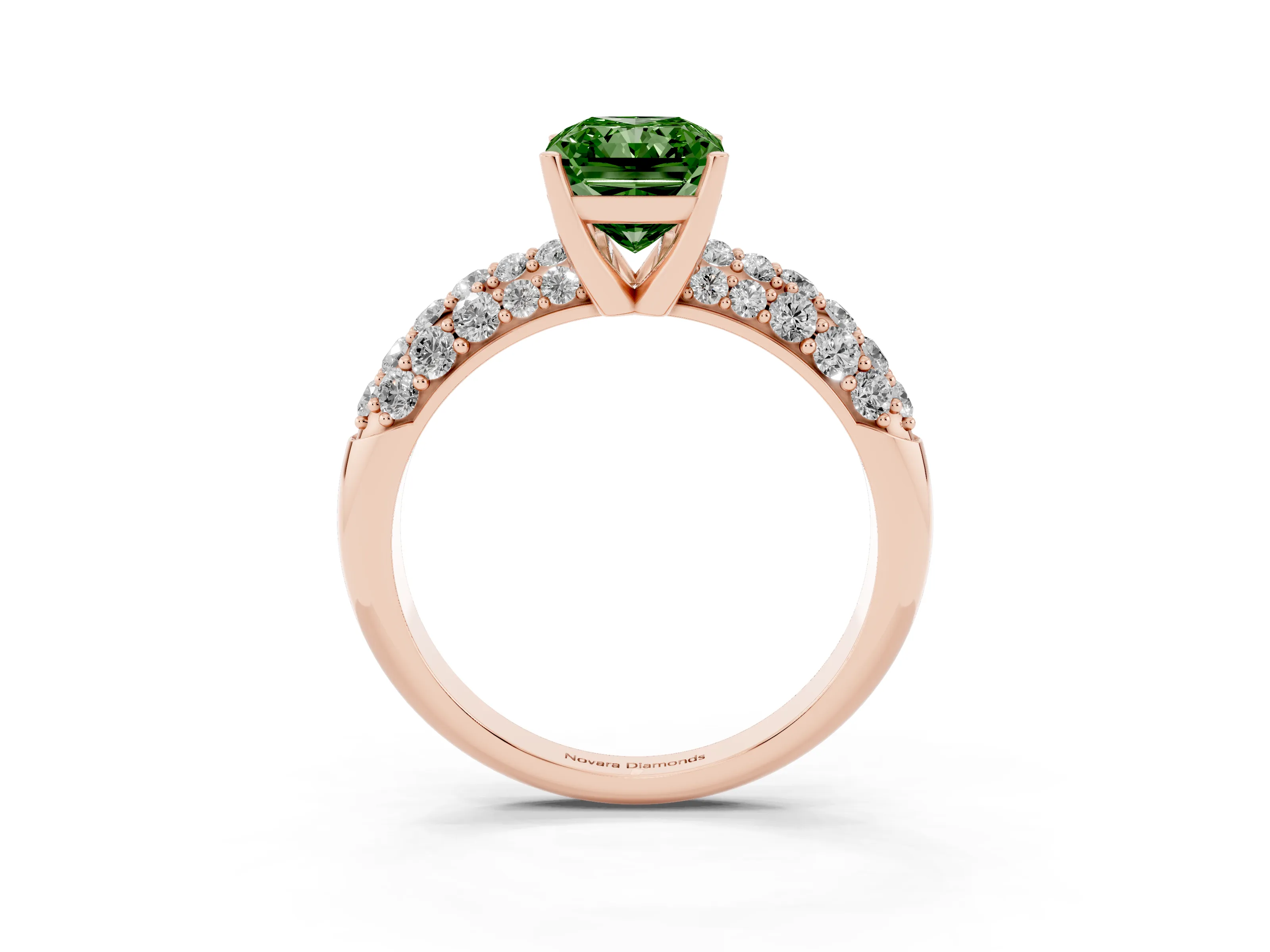 Fancy Green Radiant Cut Diamond Pavé Band Solitaire Ring Set in Rose gold with Close-Set Accent Stones and Prong Setting