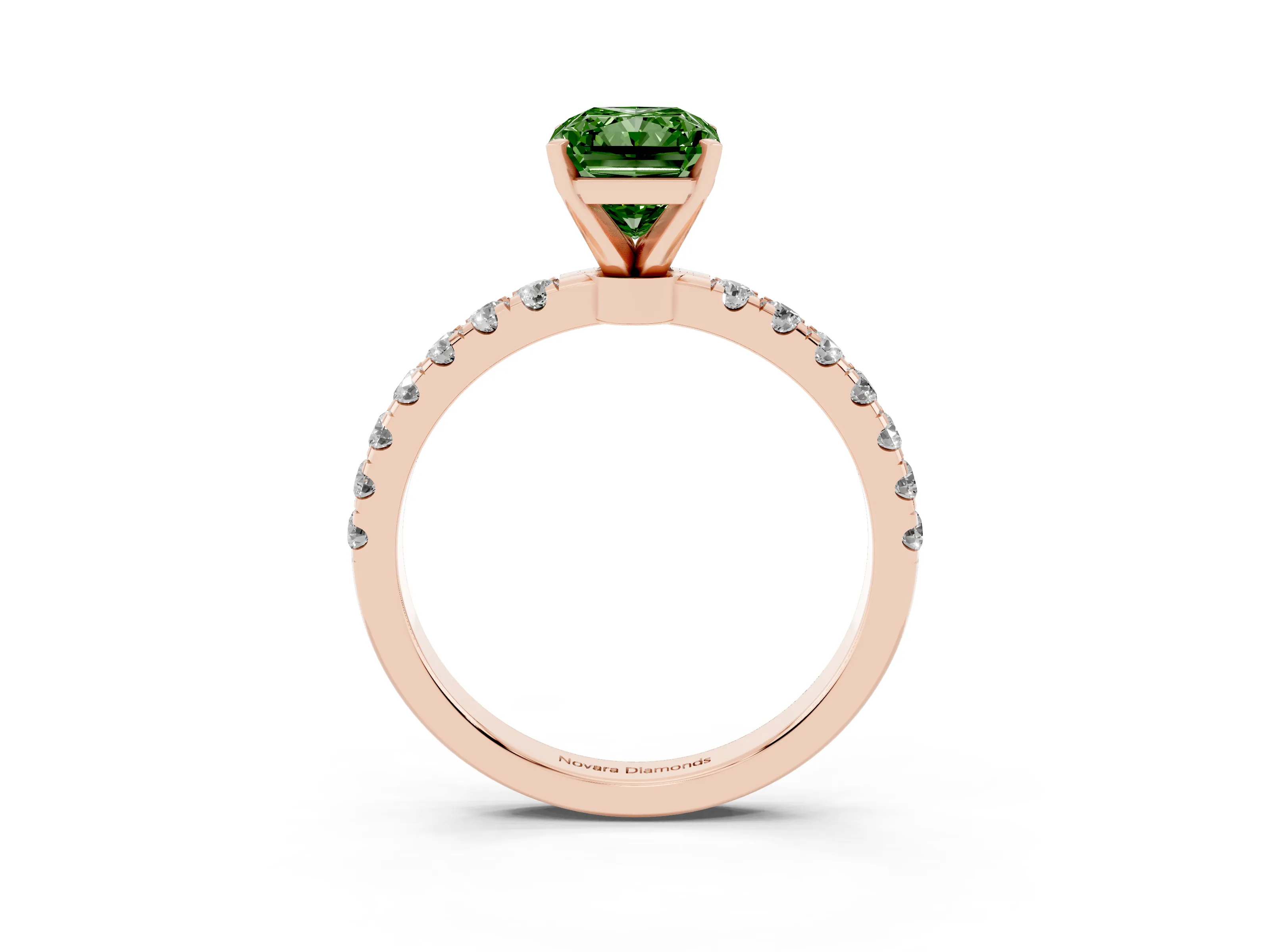 Fancy Green Radiant Cut Diamond Solitaire Ring Set in Rose gold with Pavé Accents and Prong Setting