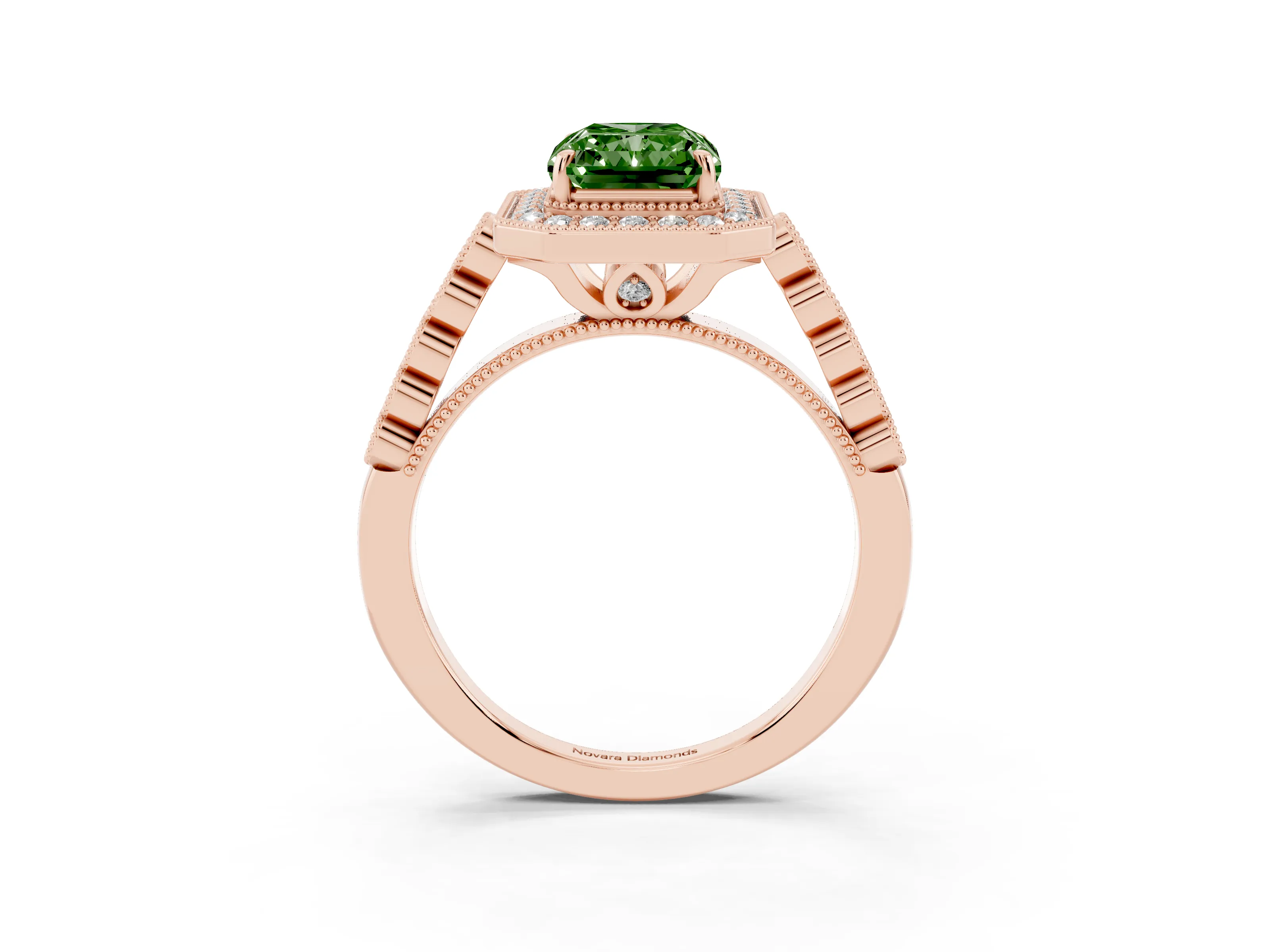 Fancy Green Radiant Cut Diamond Milgrain Halo Solitaire Ring Set in Rose gold with Bezel Set Side Stones and Pavé Band