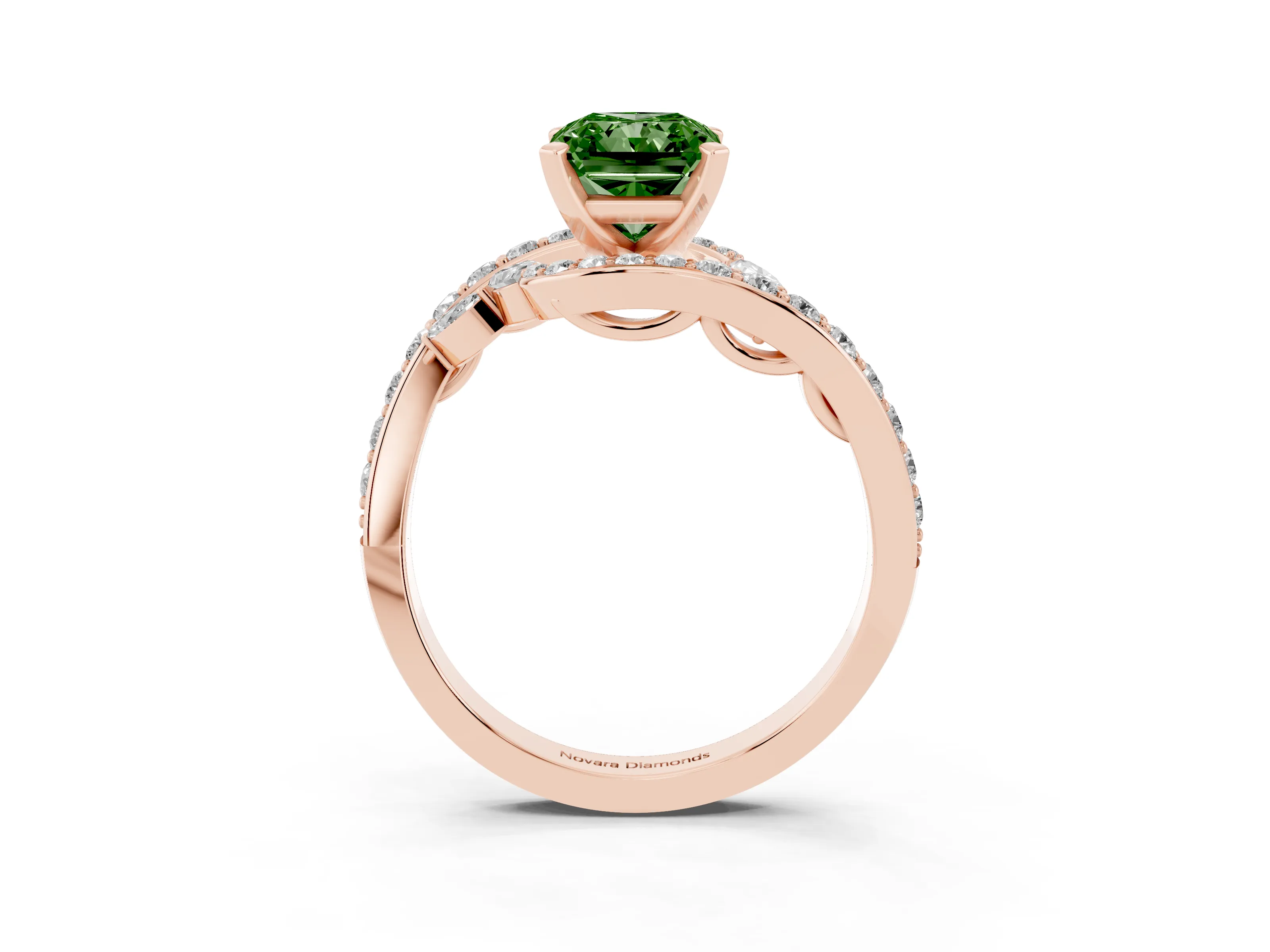 Fancy Green Radiant Cut Diamond Solitaire Ring Set in Rose gold with Pavé Twist Band and Secure Prong Setting