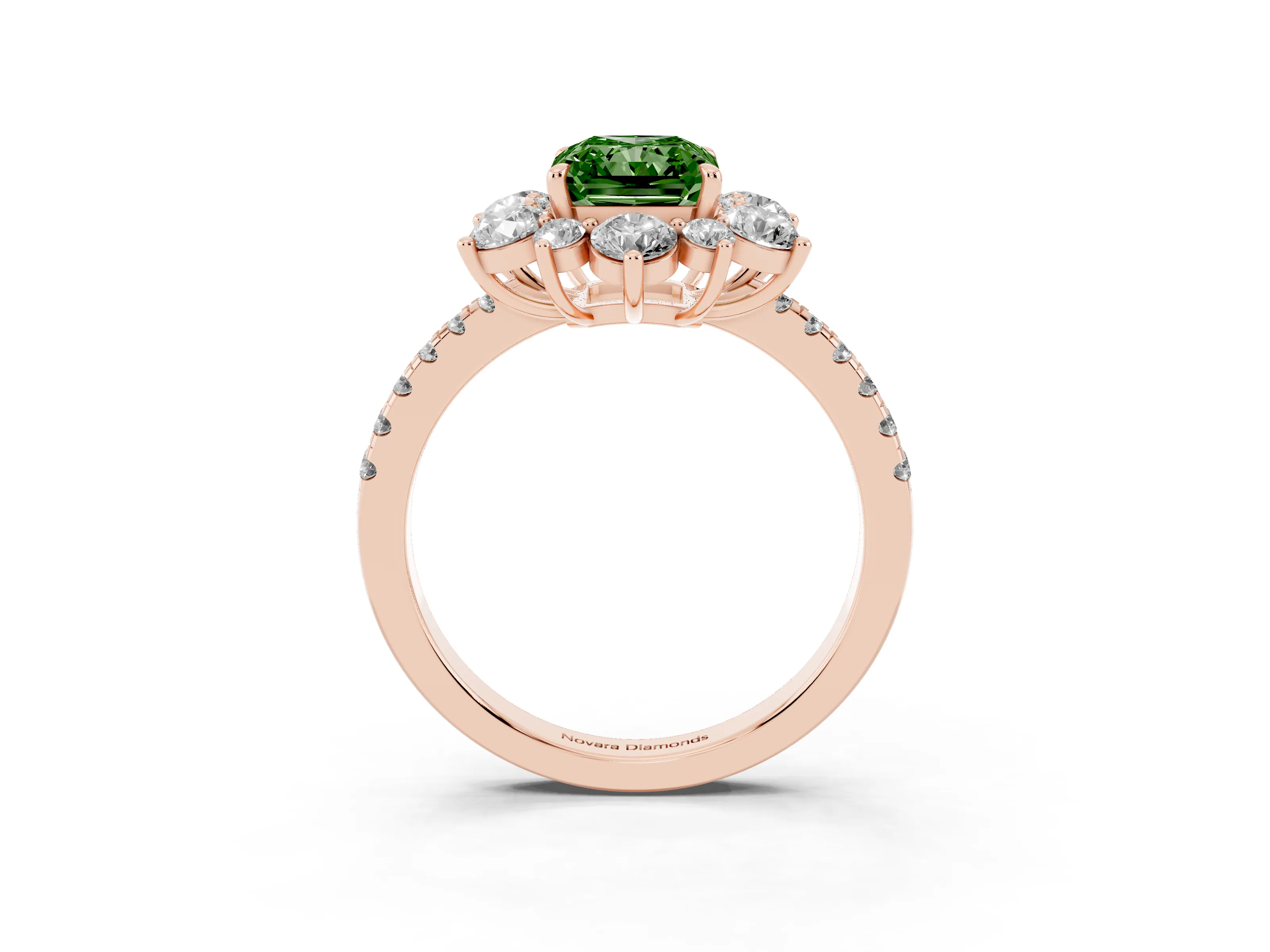 Fancy Green Radiant Cut Diamond Floral Halo Ring Set in Rose gold with Round Pavé Band and Prong Setting