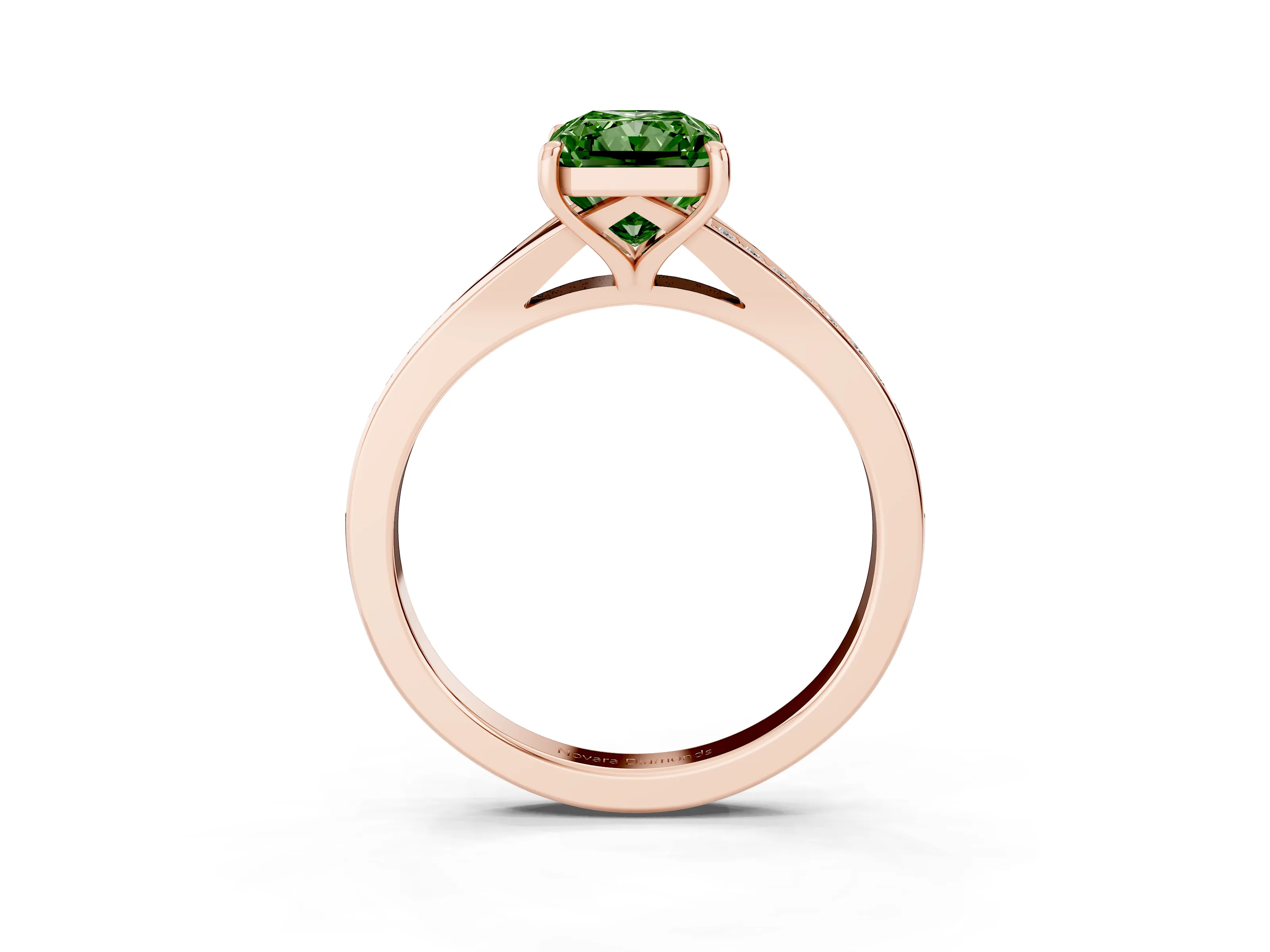 Fancy Green Radiant Cut Diamond Solitaire Ring Set in Rose gold with Pavé Accent Band and Classic Prong Setting