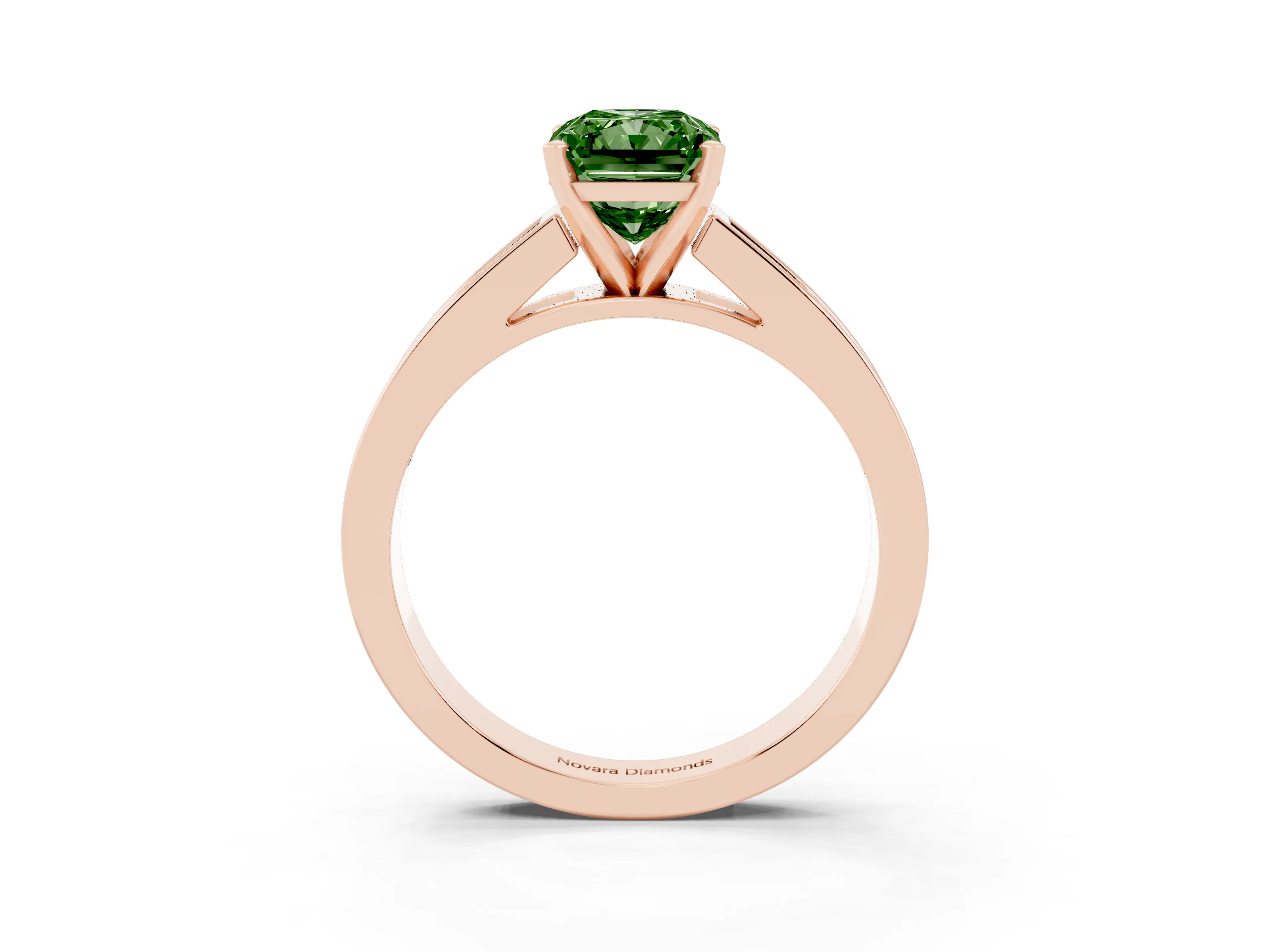 Fancy Green Radiant Cut Diamond Solitaire Ring Set in Rose gold with Channel-Set Band and Prong Setting