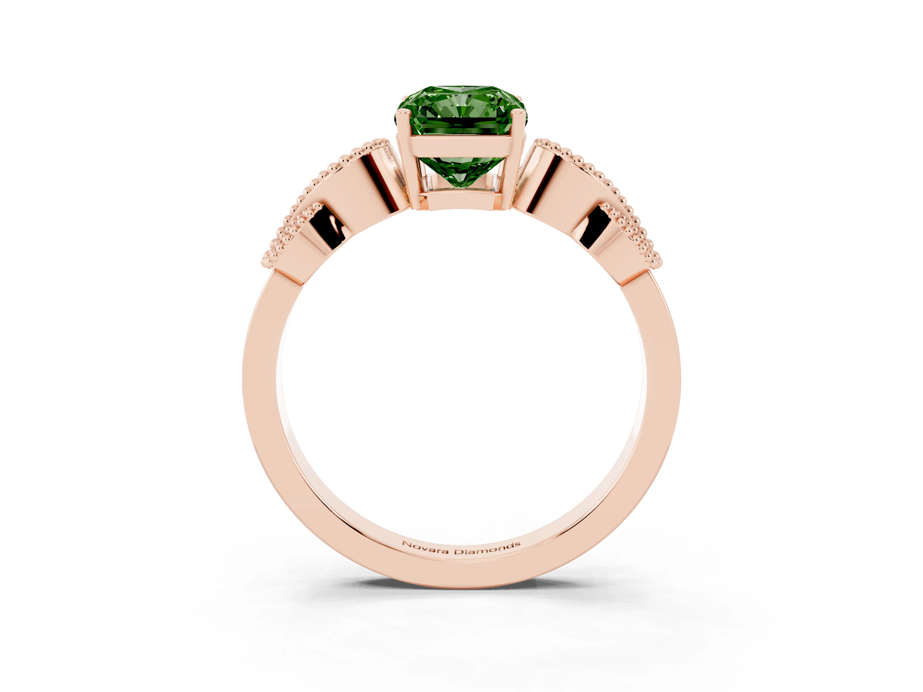Fancy Green Radiant Cut Diamond Milgrain Leaf Band Solitaire Ring Set in Rose gold with Accent Stones and Prong Setting