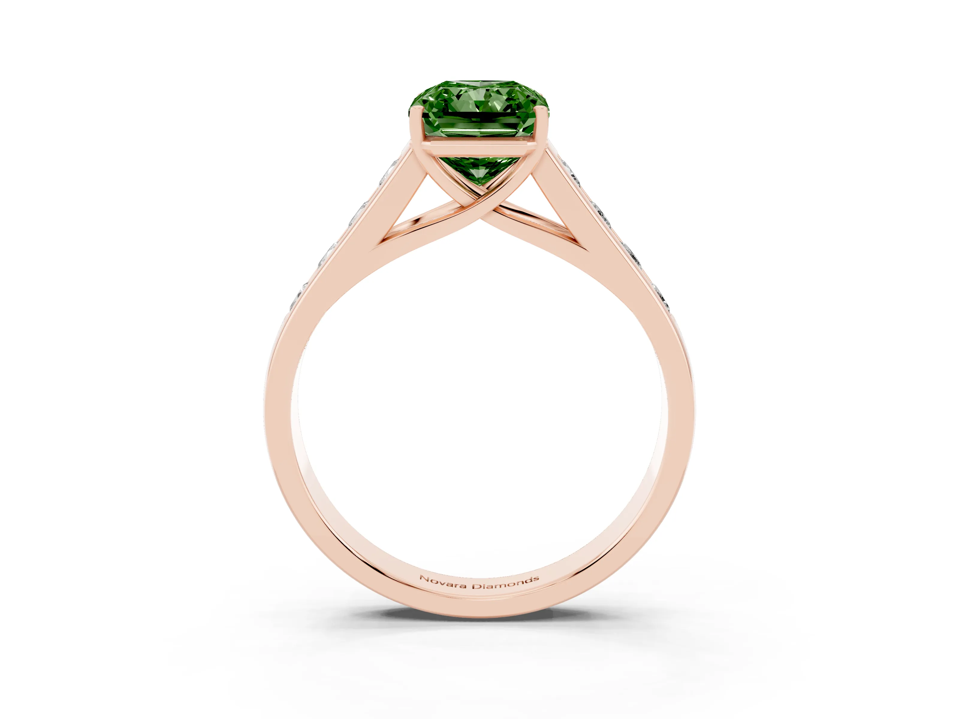 Fancy Green Radiant Cut Diamond Brilliant Channel-Set Solitaire Ring Set in Rose gold with Prong Setting
