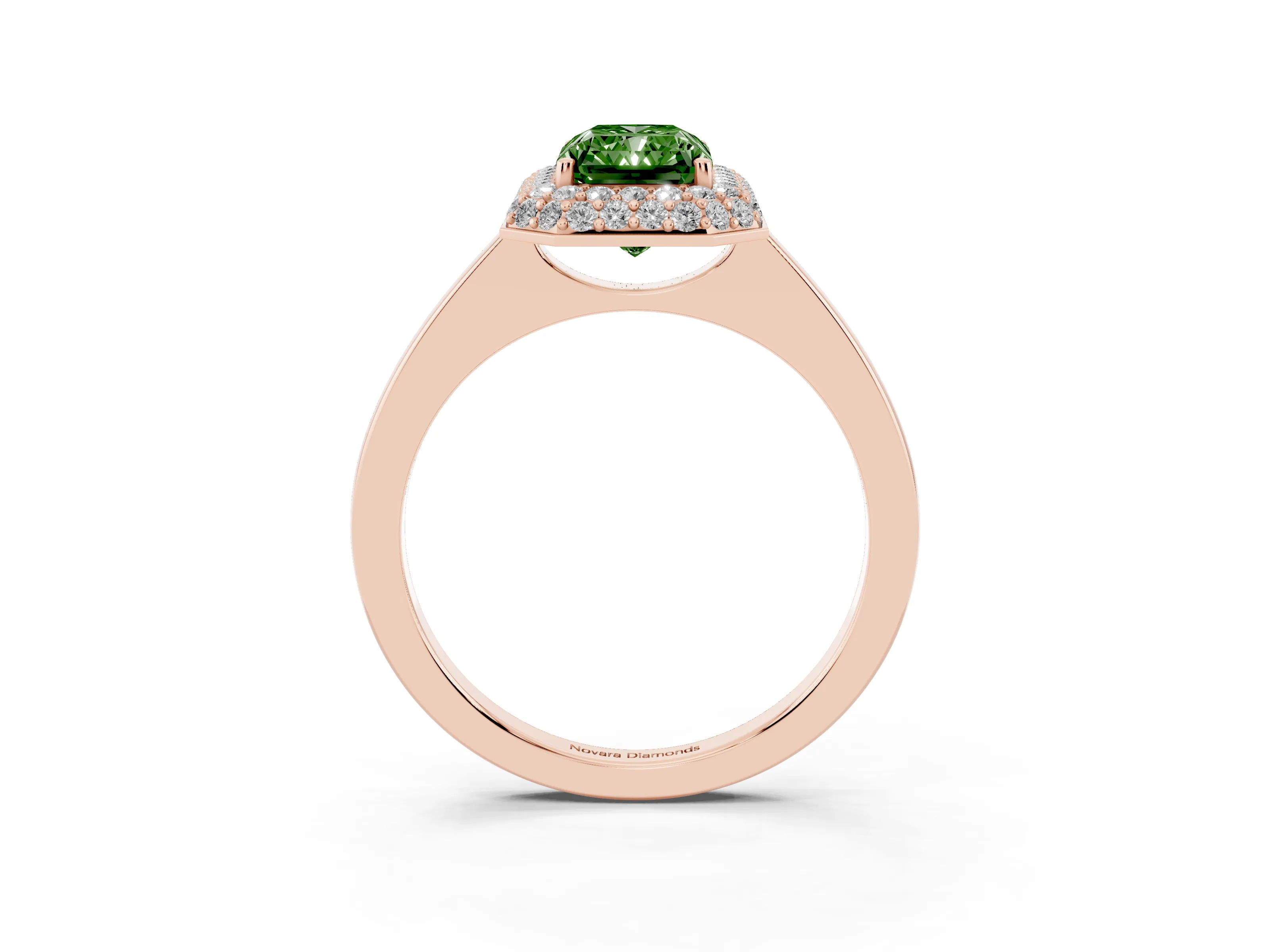 Fancy Green Radiant Cut Diamond Halo Engagement Ring Set in Rose gold with Solitaire Band and Prong Setting