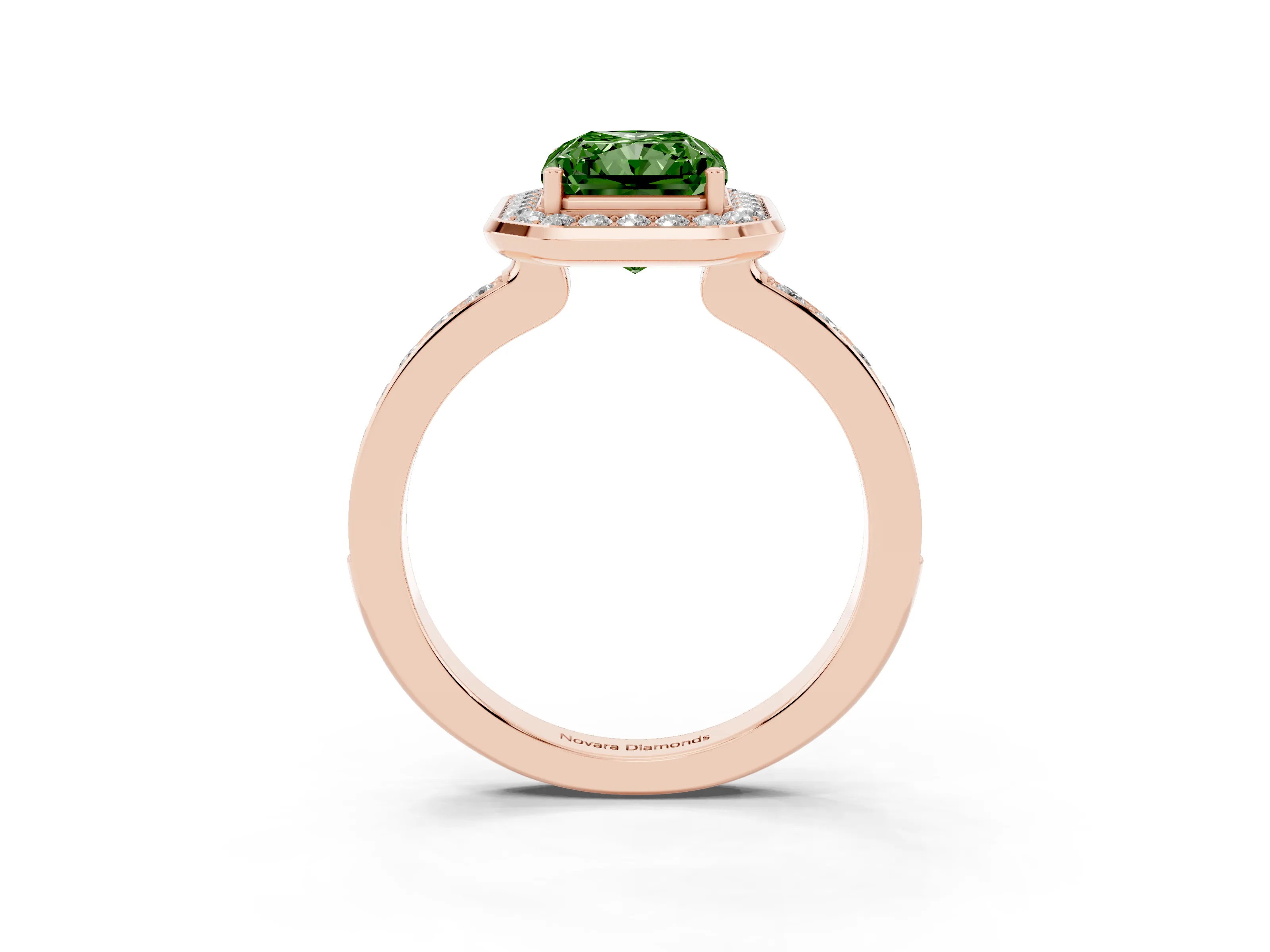 Fancy Green Radiant Cut Diamond Halo Ring Set in Rose gold with Bezel Frame and Pavé Band