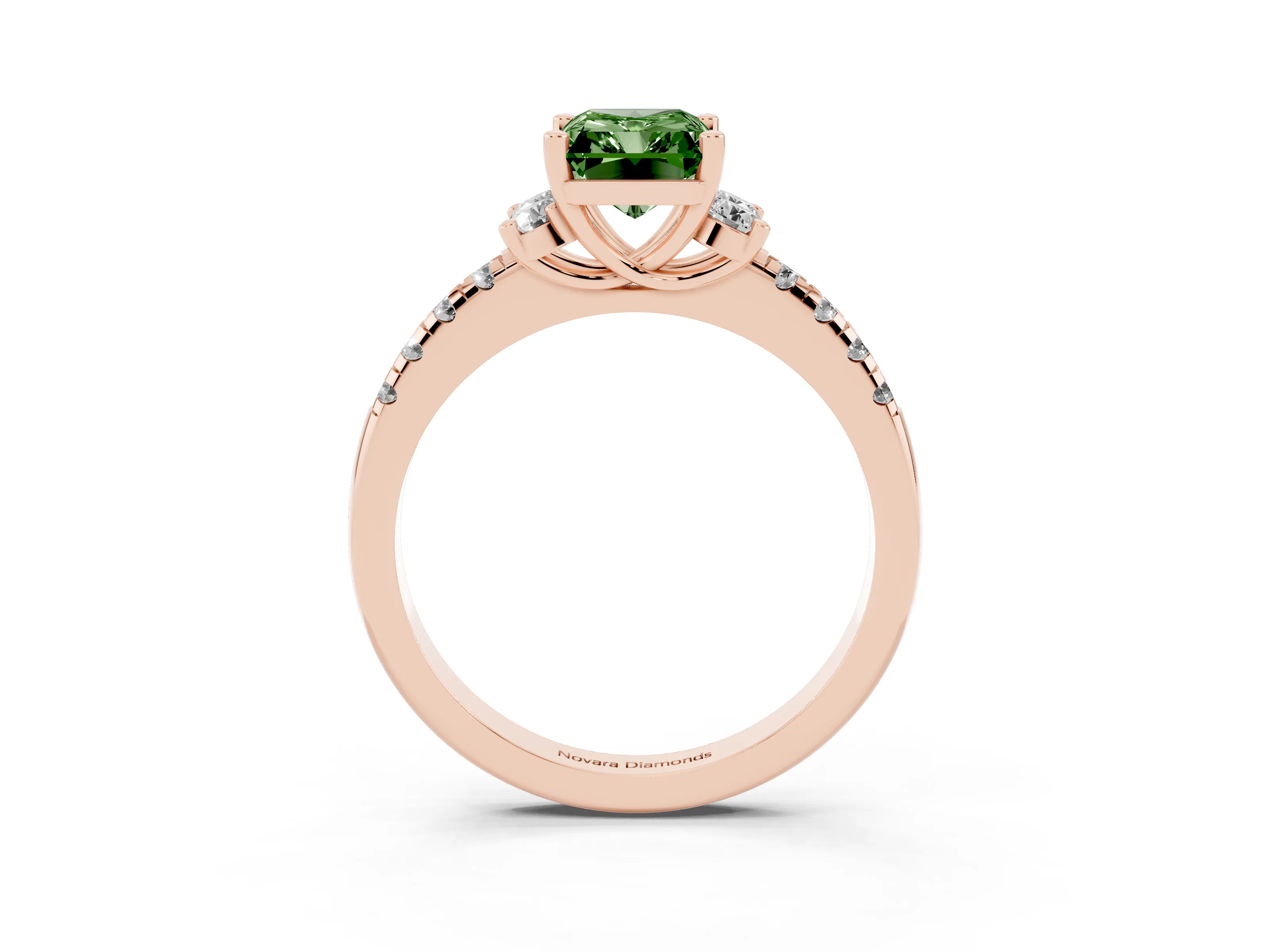 Fancy Green Radiant Cut Diamond Three-Stone Pavé Ring Set in Rose gold with Prong Setting