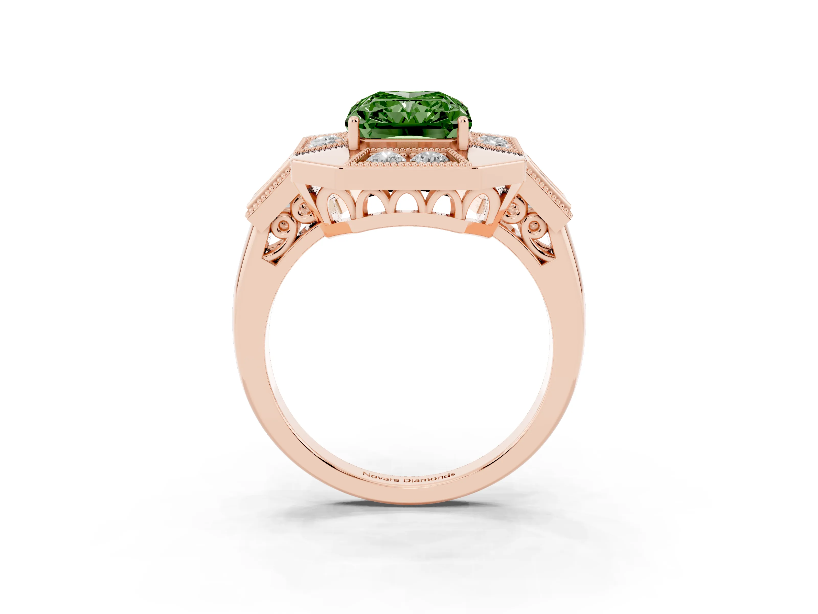 Fancy Green Radiant Cut Diamond Milgrain Halo Ring Set in Rose gold with Split Shank