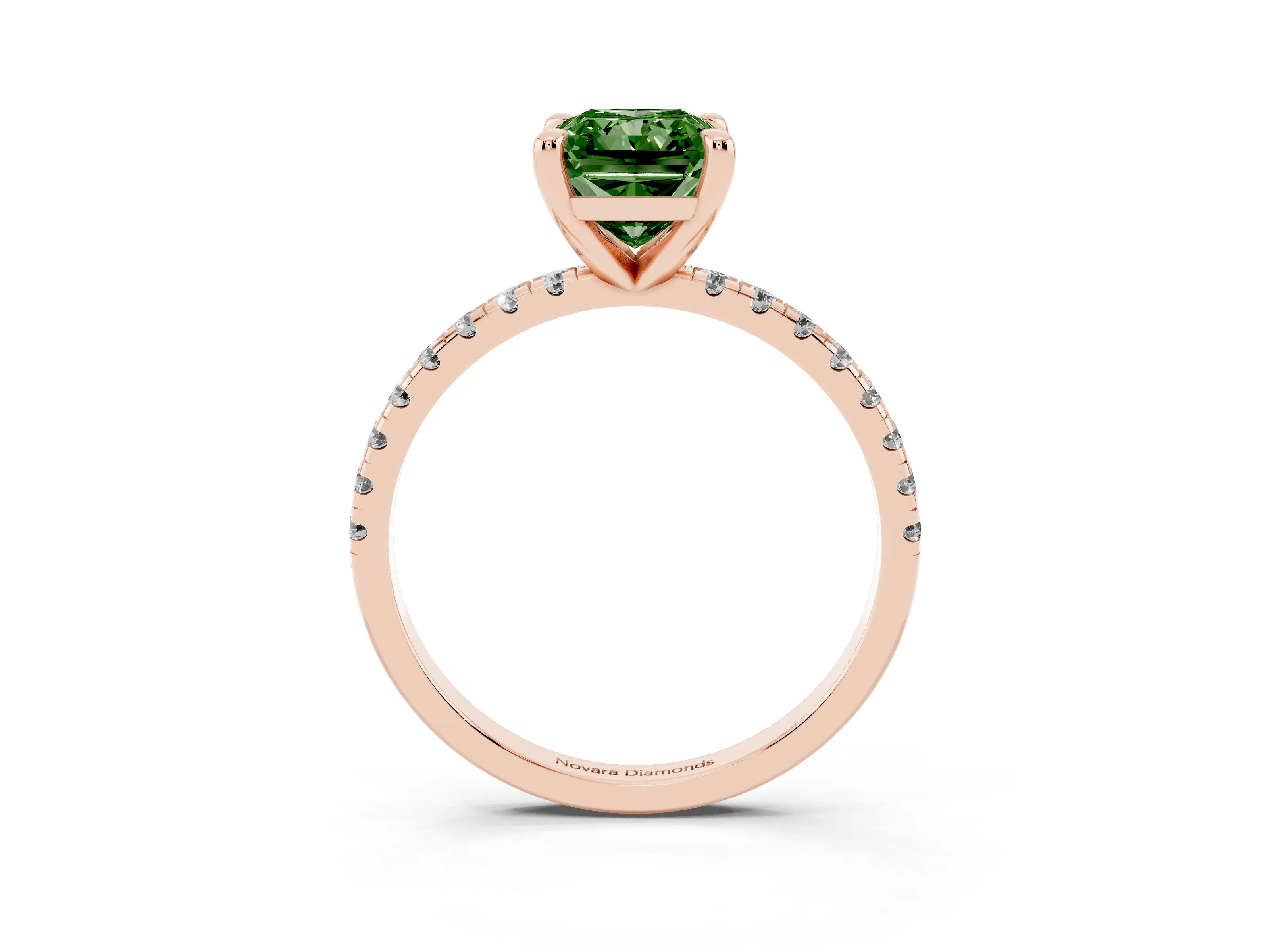 Fancy Green Radiant Cut Diamond Brilliant Solitaire Ring Set in Rose gold with Pavé Band and Prong Setting