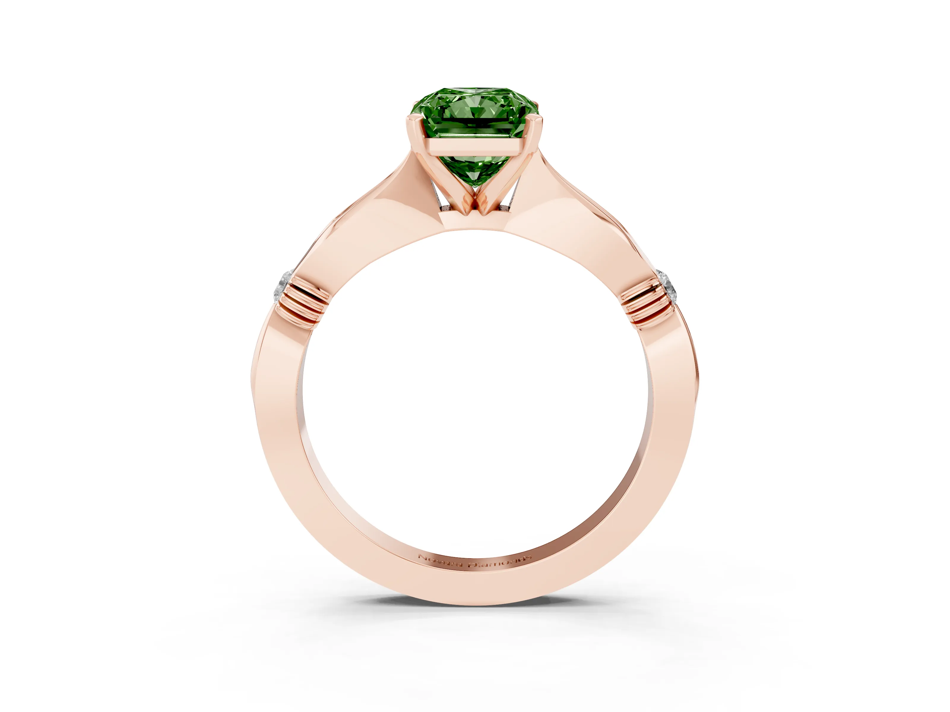 Fancy Green Radiant Cut Diamond Solitaire Twisted Band Ring Set in Rose gold with Accent Stones and Prong Setting