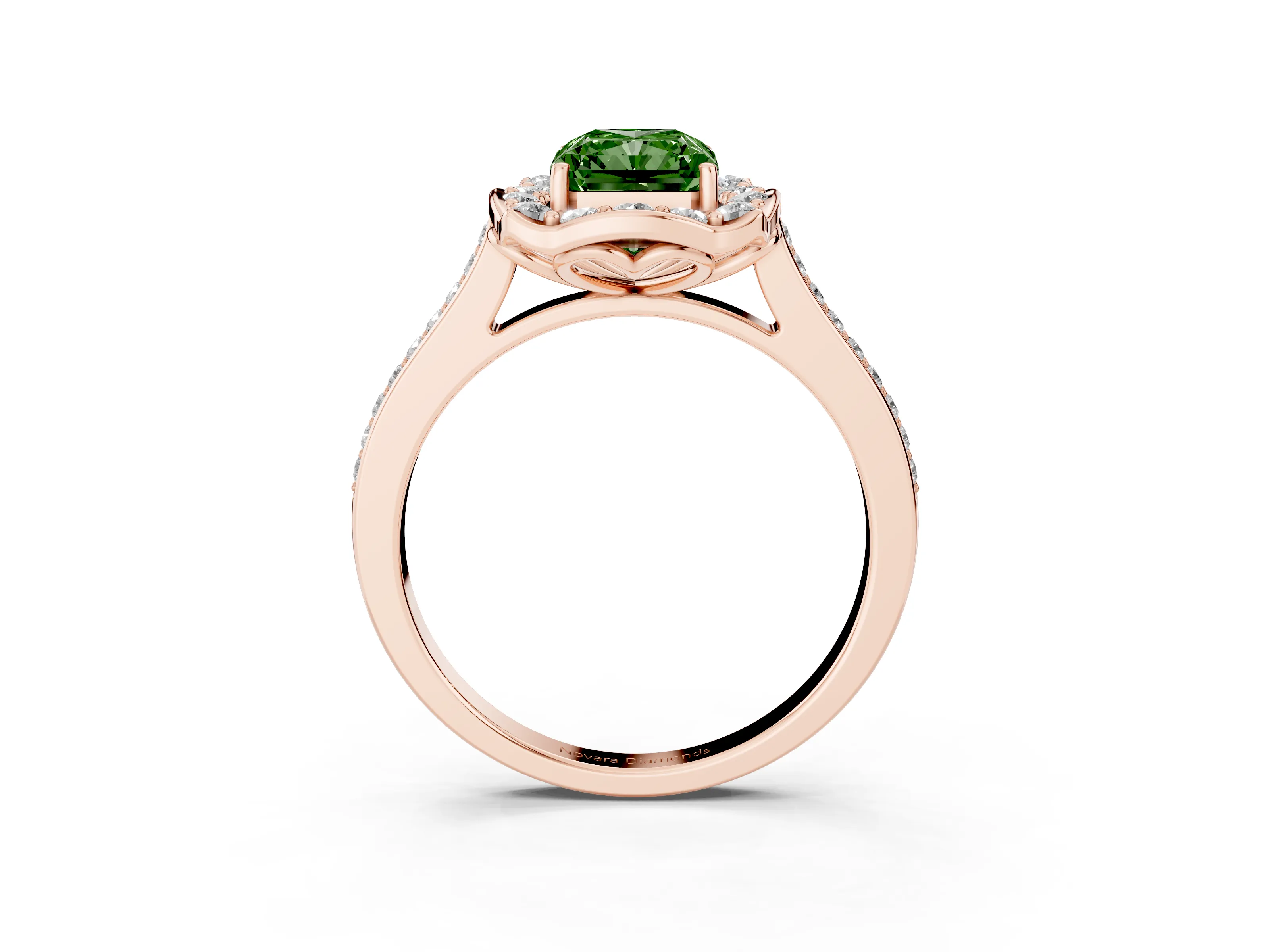 Fancy Green Radiant Cut Diamond Halo Ring Set in Rose gold with Pavé-Lined Shoulders and Prong Setting