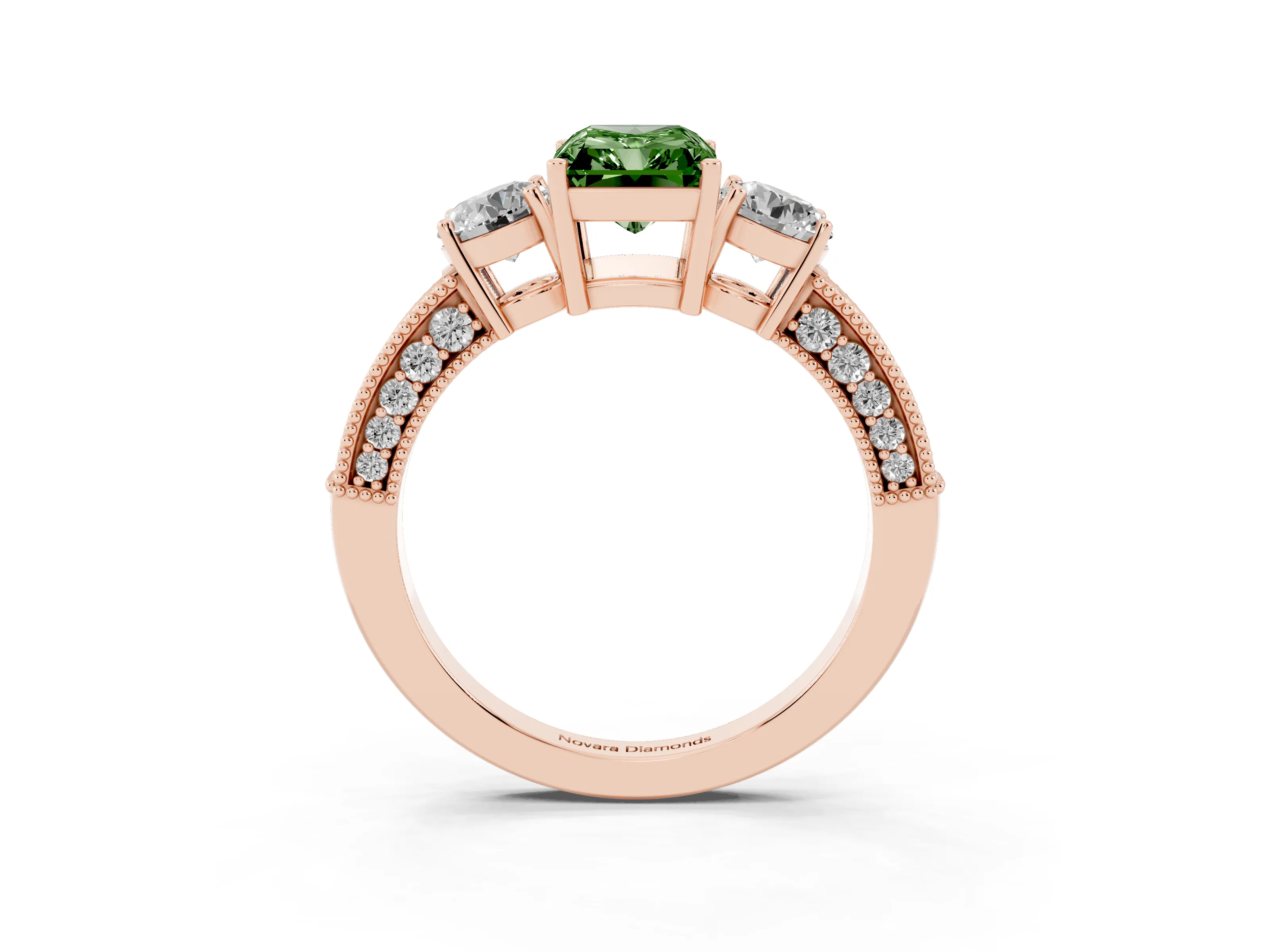 Fancy Green Radiant Cut Diamond Three-Stone Ring Set in Rose gold with Round Side Stones and Pavé Band