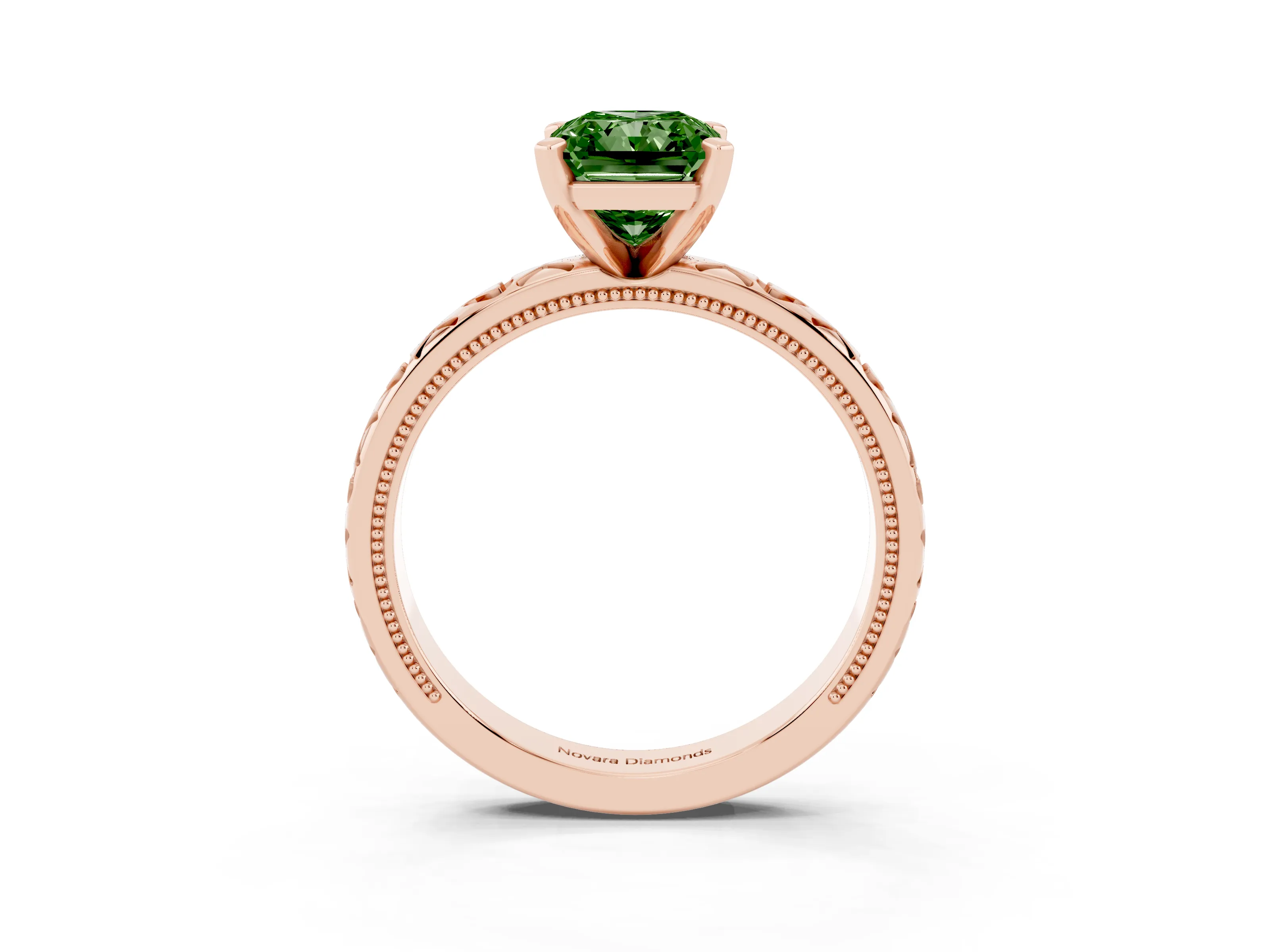 Fancy Green Radiant Cut Diamond Solitaire Engagement Ring Set in Rose gold with XO Engraved Band and Prong Setting