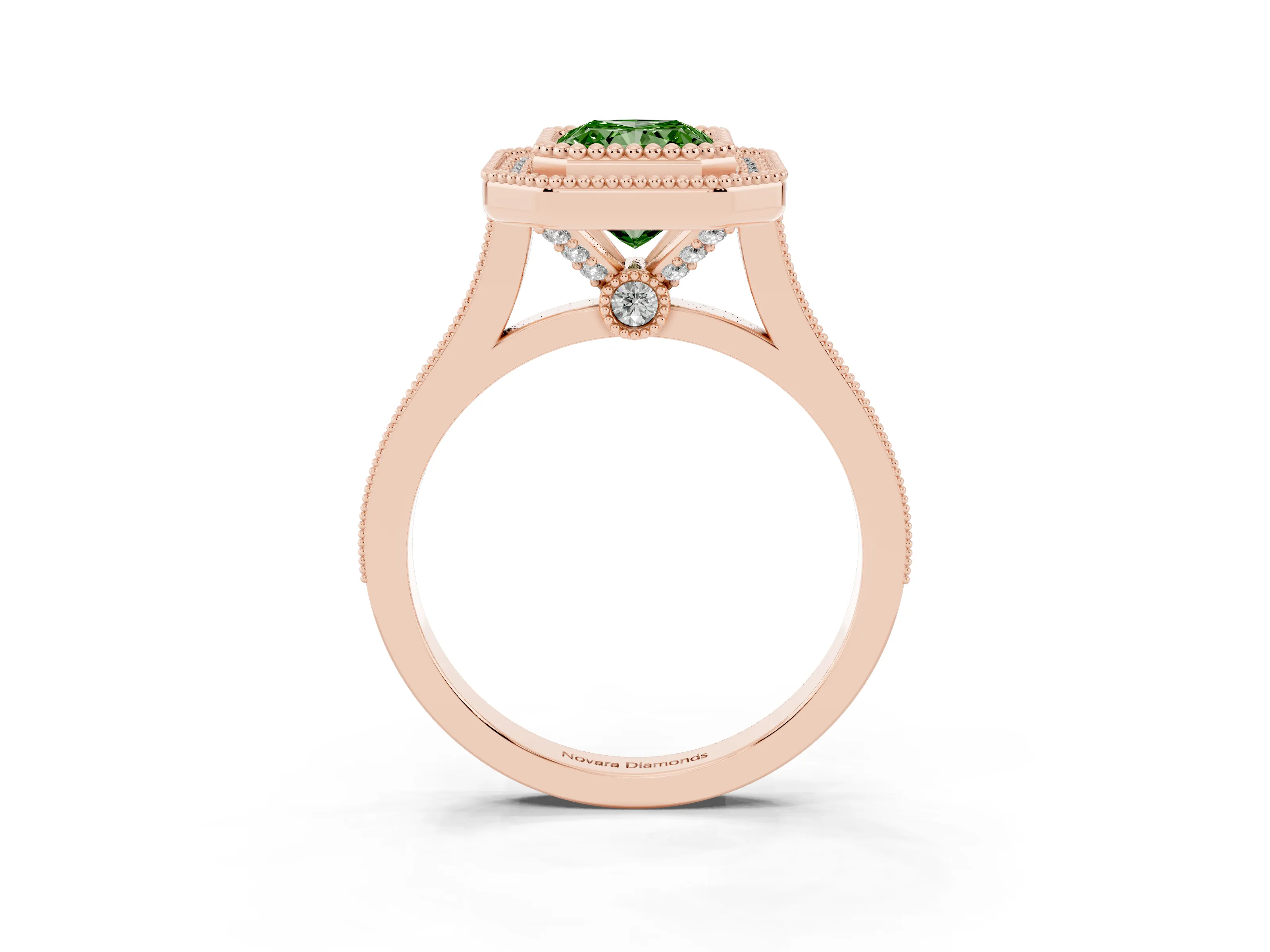 Fancy Green Radiant Cut Diamond Halo Ring Set in Rose gold with Milgrain Frame and Pavé Band